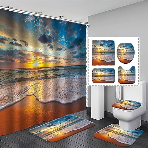 Miniatura 2 de Juego de cortinas de ducha para playa, puesta de sol, accesorios de baño, paisaje costero, naturaleza, olas del océano, cortina de ducha