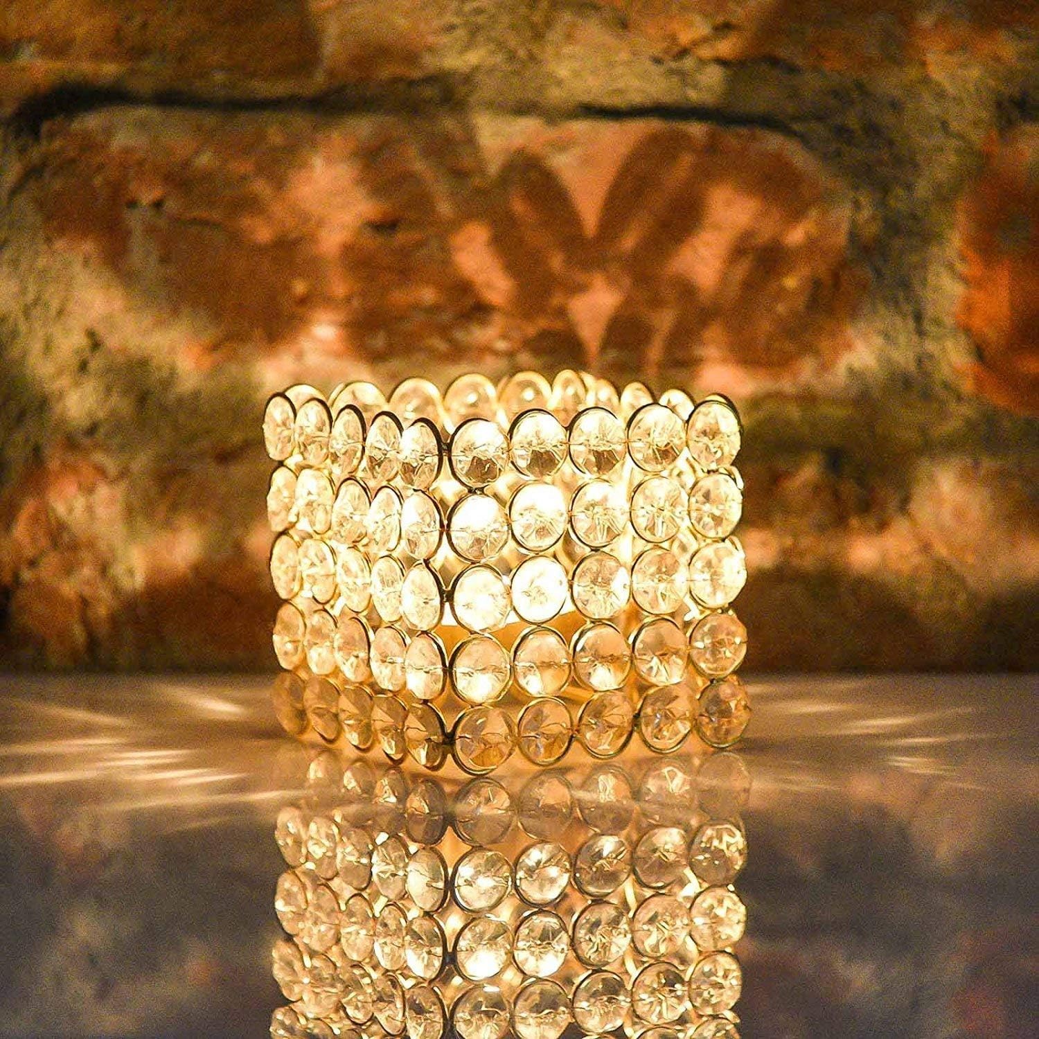 Collectible India Crystal Tealight Candle Holder (Gold_3.5 Inch X 3.5 Inch x 3.5 Inch)