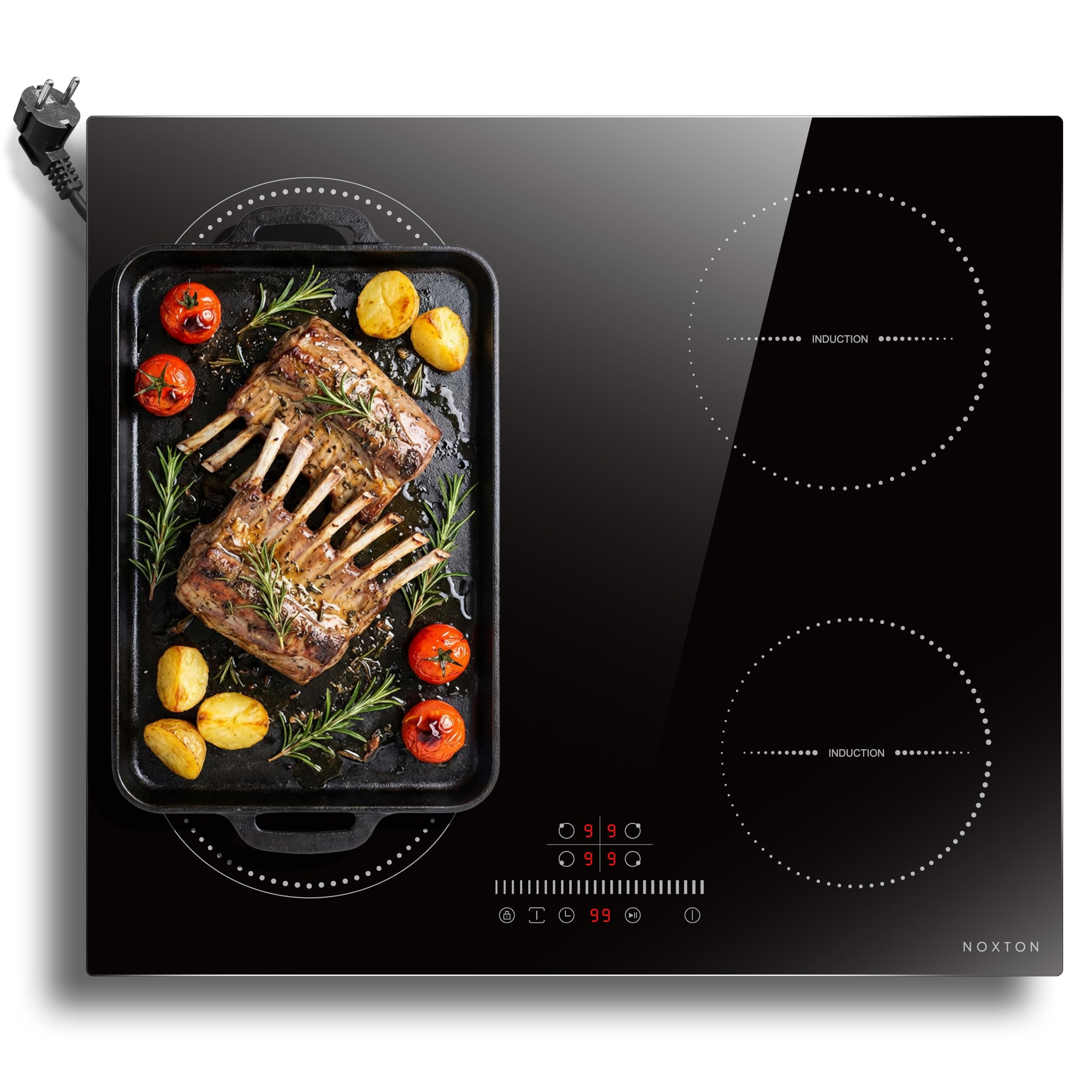 NOXTON Induction hob 4 burners with flexible zone, 60 cm indduction, Timer, Safety lock, Residual temperature indication, Safety lock, 220 V~240 V, 3500 W, With plug