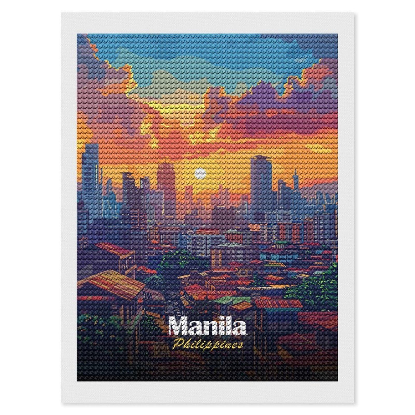 Junmoney Manila Philippines Cityscape at Sunset Diamond Painting Canvas Set 12"x16", for Women, Mindful Craft Activity, Cosy Home Accent, Festive Craft Gift