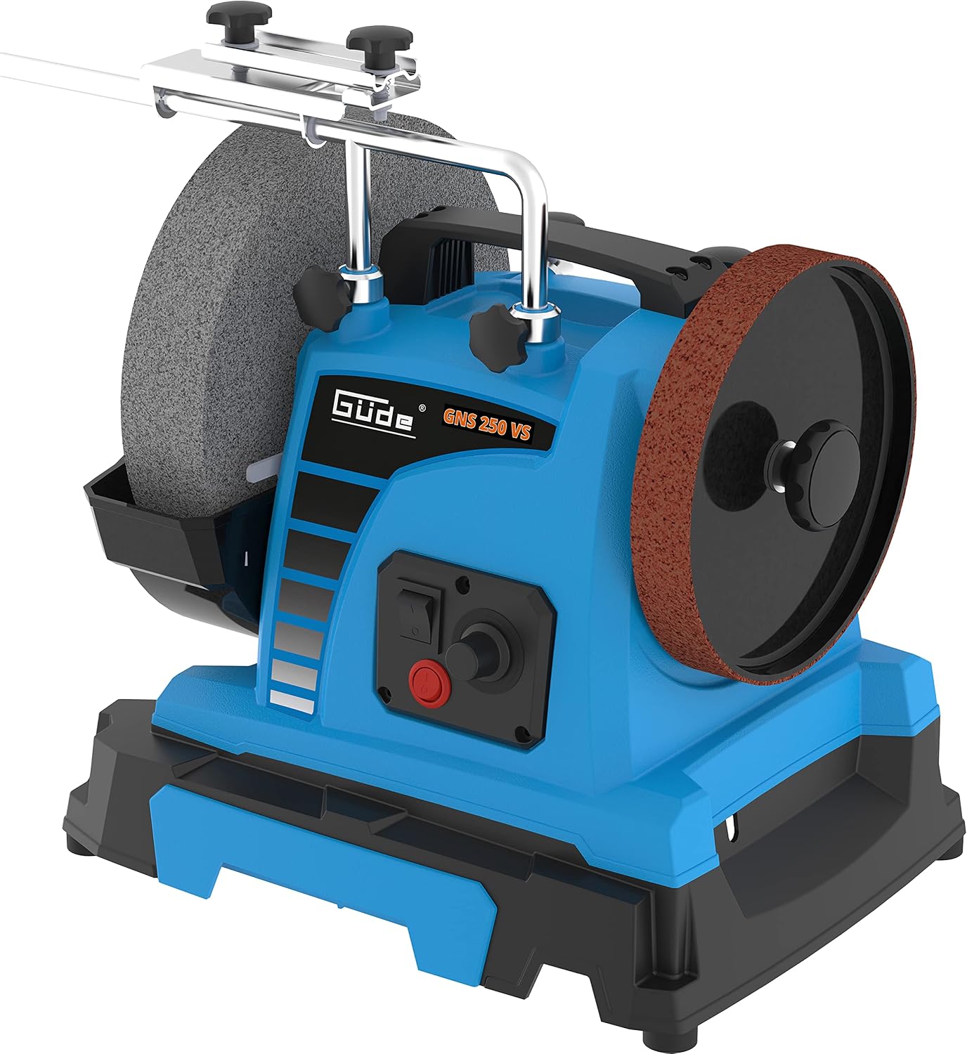 Güde GNS 250 VS Wet Sander Set, showing the blue main unit, grey wet grinding wheel on the left, and brown leather stropping wheel on the right.