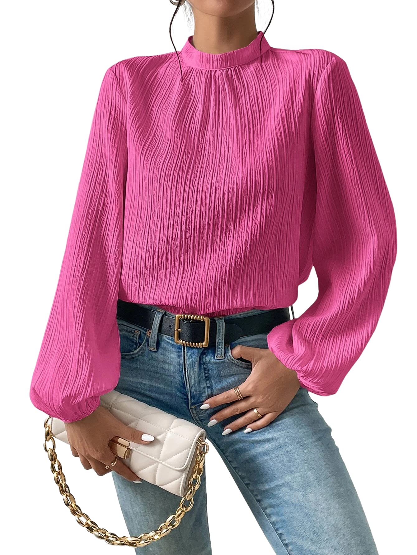 Photo 1 of Labolliy Women Mock Neck Bishop Long Sleeve Casual Business Shirt Work Blouse Tops