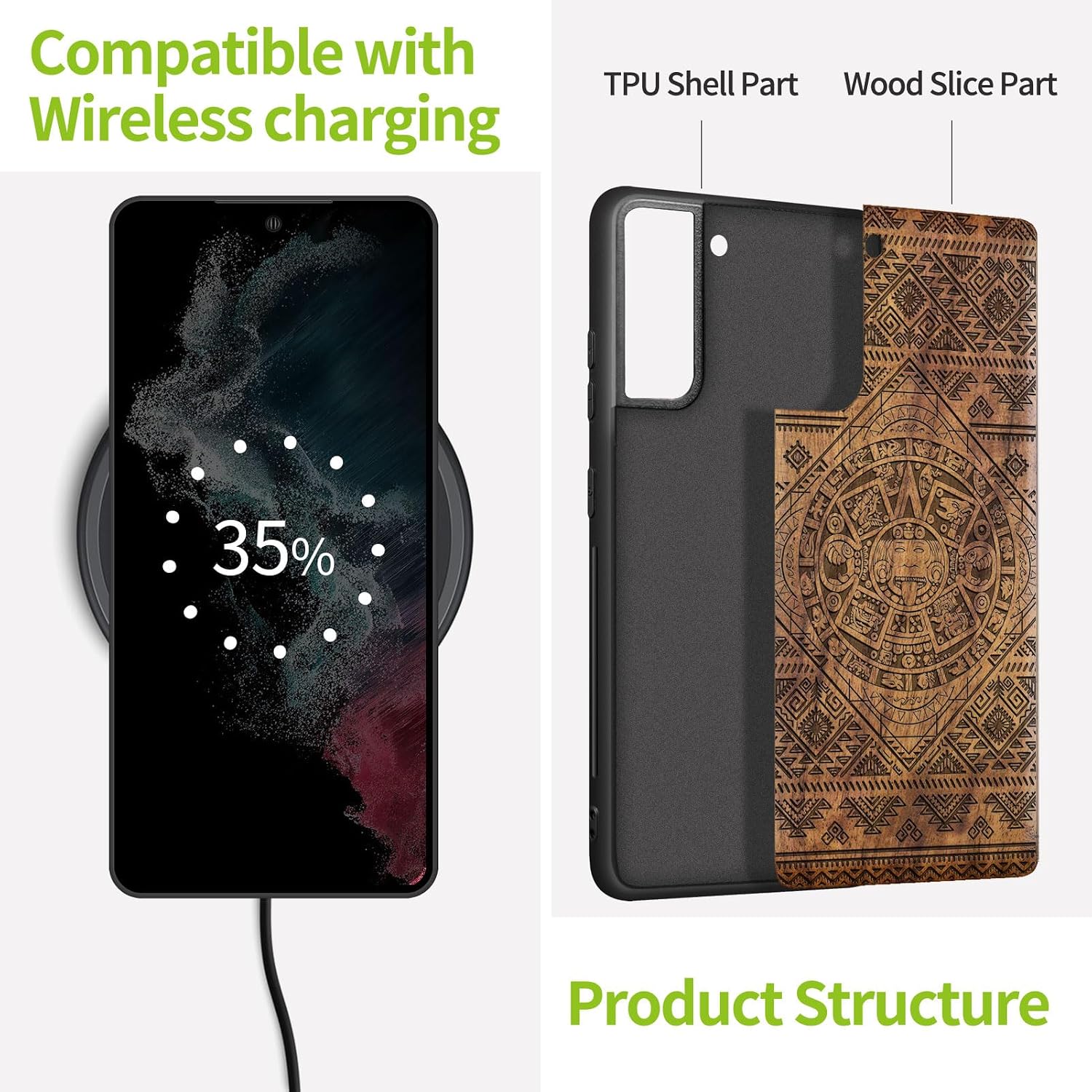 Carveit Wood Case for Galaxy S22 Case [Natural Wood & Black Soft TPU] Shockproof Protective Cover Unique & Classy Wooden Design Compatible with Samsung S22 (Aztec Calendar-Walnut)