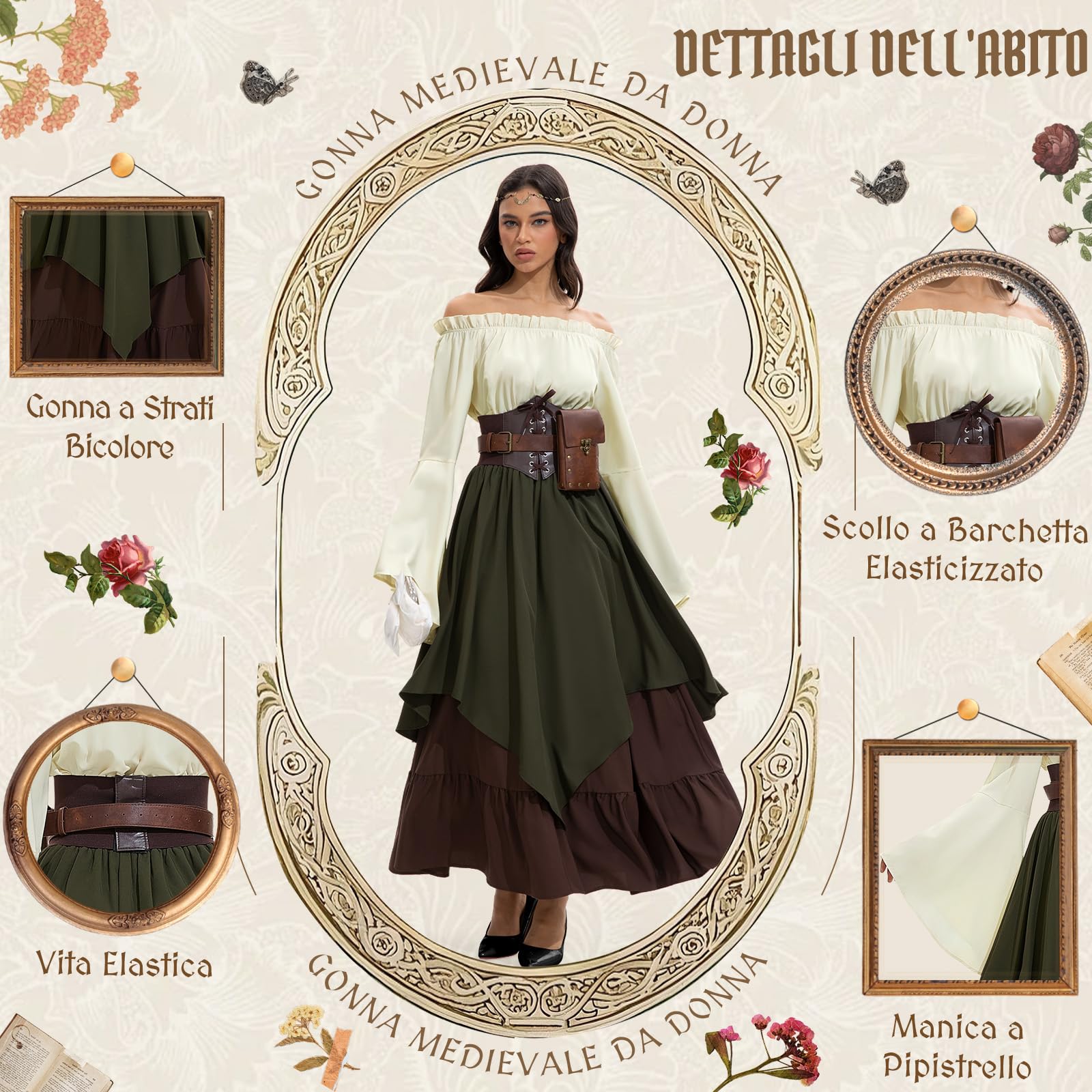 Vestito Medievale Donna, Abito Medievale Donna con Corsetto, Marsupio, Copricapo, Cintura, Abito da Rinascimentale Medievale per Carnevale Halloween Cosplay