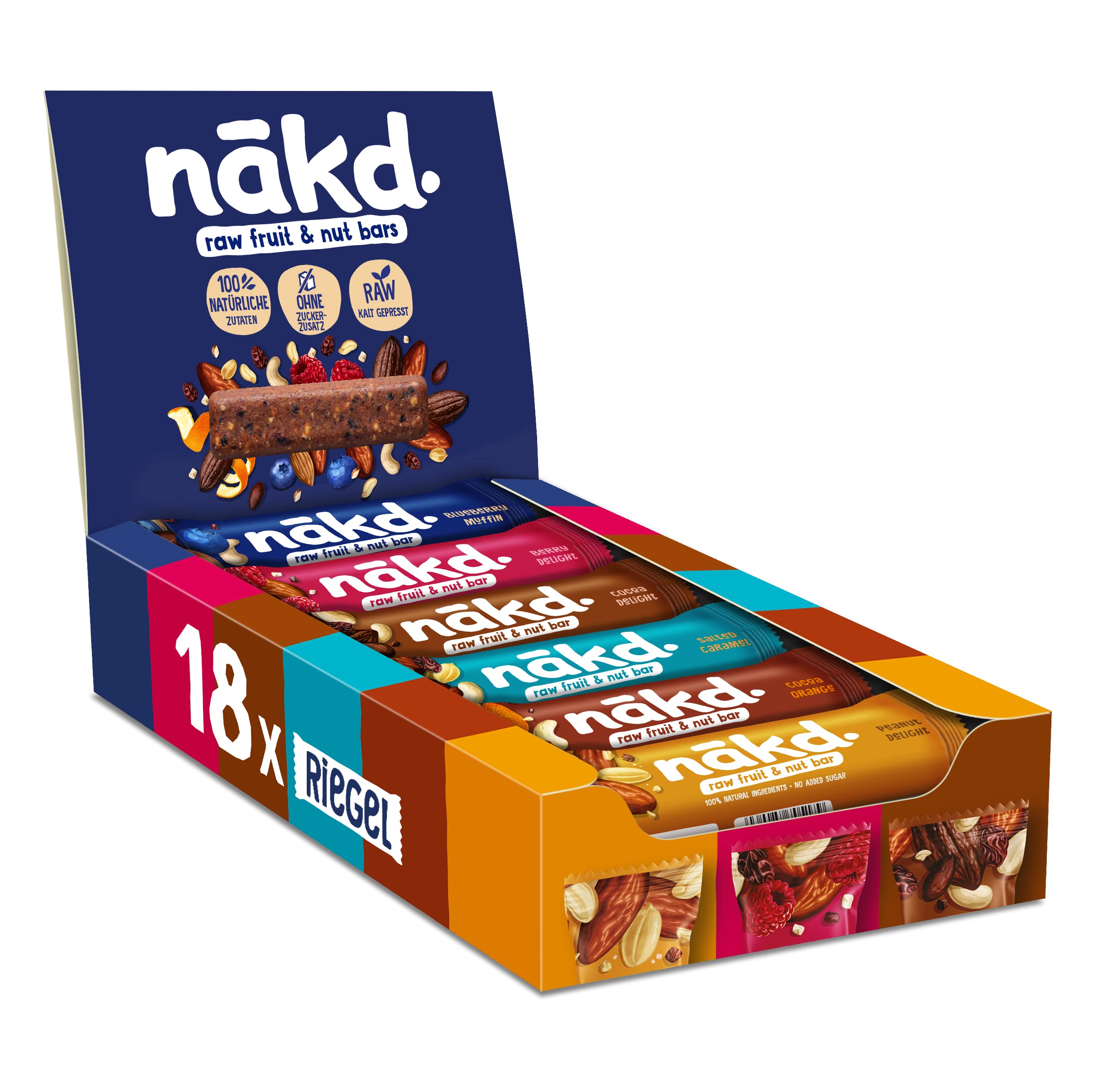 Nakd. Variety Pack | Kaltgepresste Riegel aus Früchten & Nüssen | 100% Natürliche Zutaten | Ohne Zusatz von Zucker | Vegan | Glutenfrei & Ohne Milch | 18 x 35g | 630g
