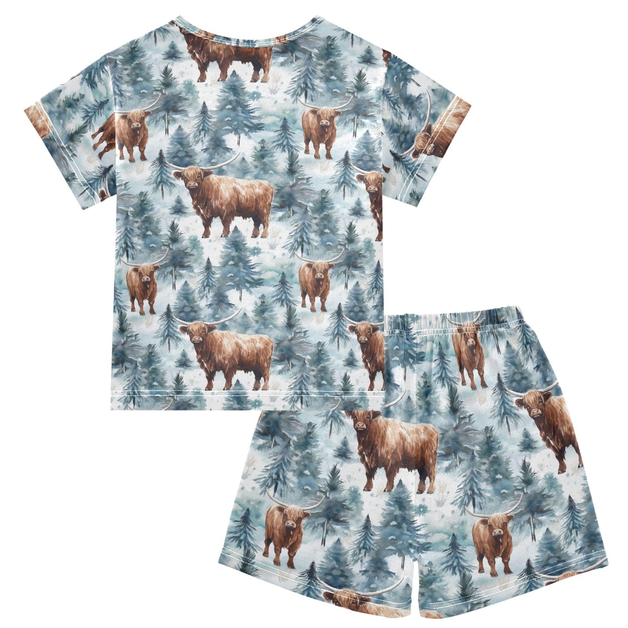 UMIRIKO Highland Cow Animal Forest Summer Short Sleeve Pajamas Sleepwear PJ Set B0403037