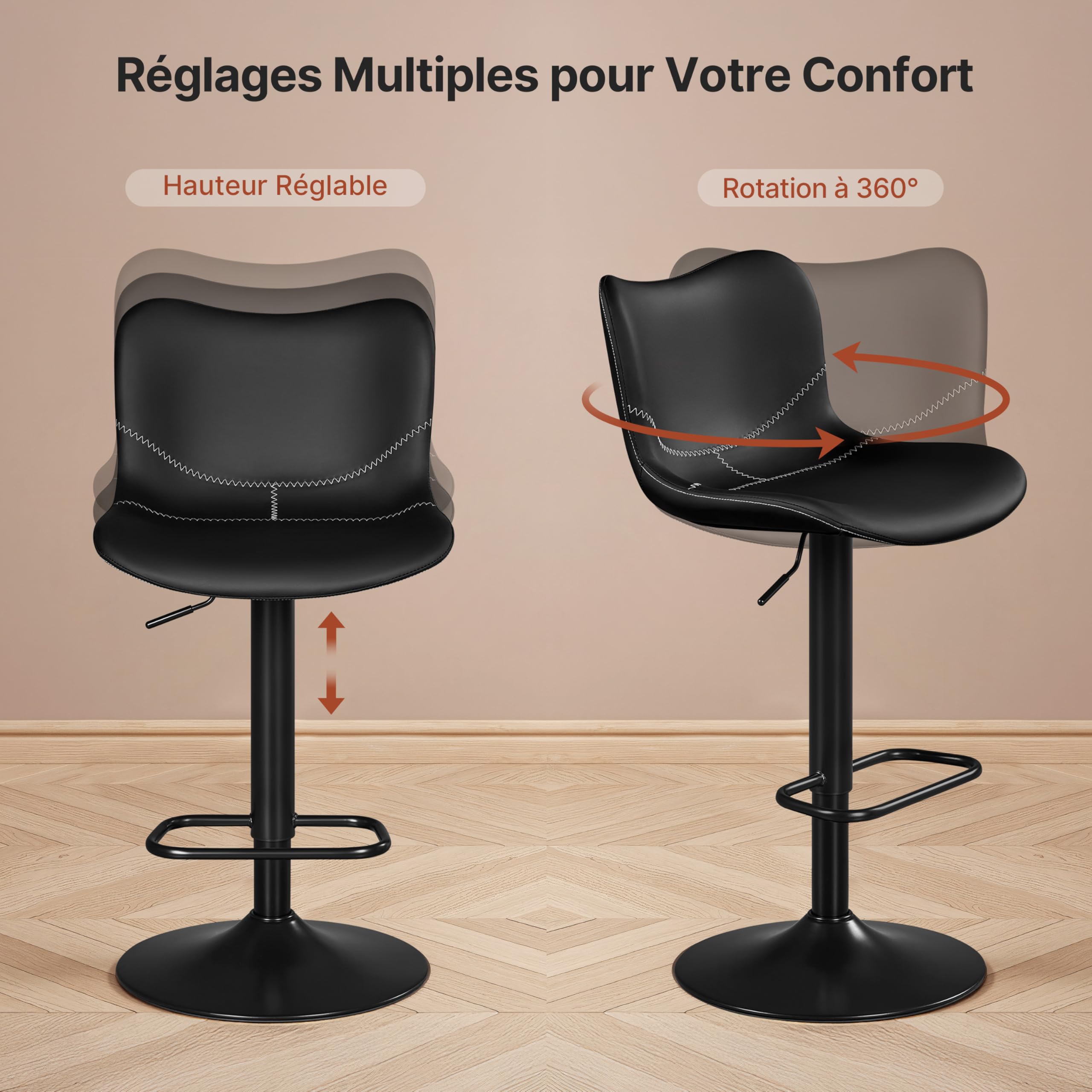 Yaheetech Tabourets de Bar Lot de 2 Réglable Hauteur - Noir | Hauteur Réglable 89-111cm avec Dossier | Charge Max 136kg, Base Métal Stable | Similicuir Hydrofuge | Cuisine, Bar, Salon