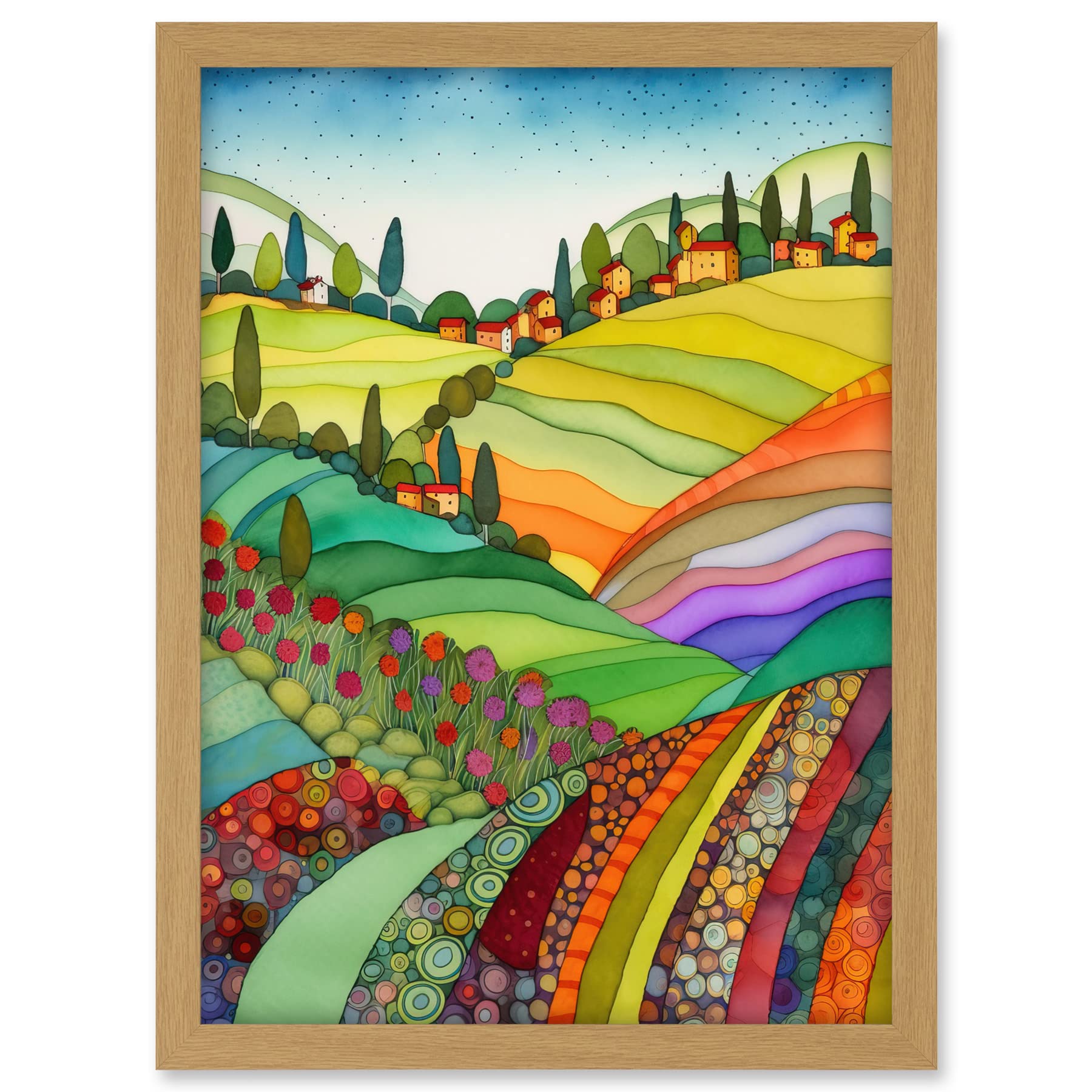 Artery8 Abstract Tuscany Hills Landscape Folk Art Artwork Framed A3 Wall Art Print