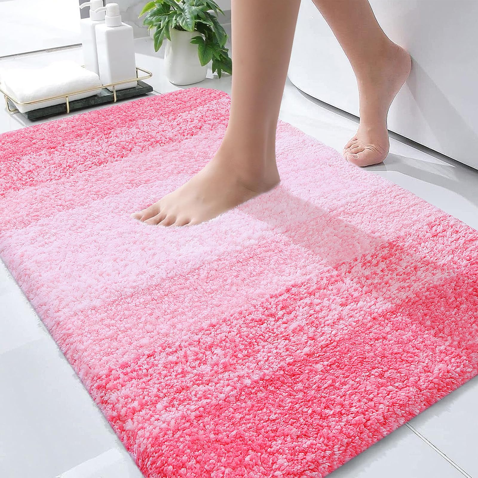 OLANLY Bathroom Rugs Mat 34x21, Extra Soft Absorbent Microfiber Bath Rugs | Pink, Non-Slip Quick-Drying Rubber Backing, Machine Washable Plush Bath Mat for Floor, Tub and Shower, Home Decor Accessories