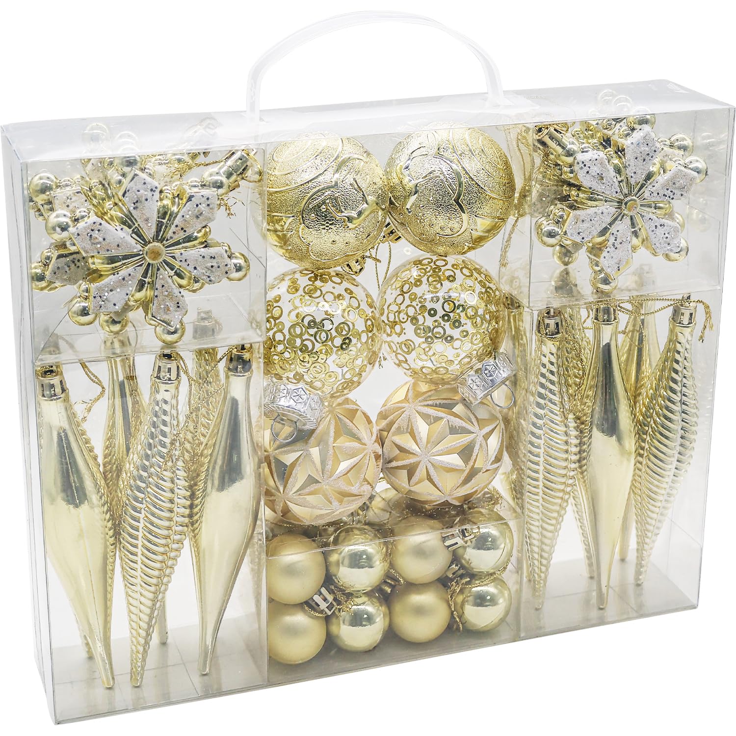 Yulenova Gold 40 Pcs Christmas Tree Baubles, Christmas Ball Ornaments With Strings, Shatterproof Glitter Baubles Icicle Snowflakes For Xmas Tree Decorations,