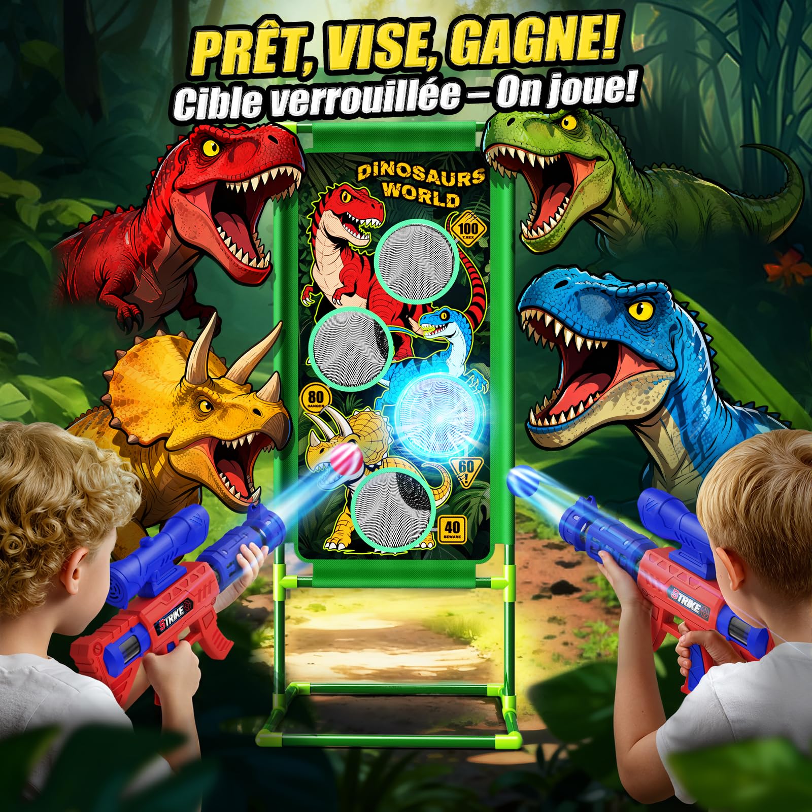 Dinosaure Jouet Enfant 3-12 Ans, Jeu Enfant 3 4 5 6 7 8+ Ans Jouet Garcon 3-12 Ans Dinosaure Cadeaux Jeu de Tir 2 Blasters à Air avec Visée, 4 Cibles à Points, 24 Balles Mousse Jeux Cadeau de Pâques