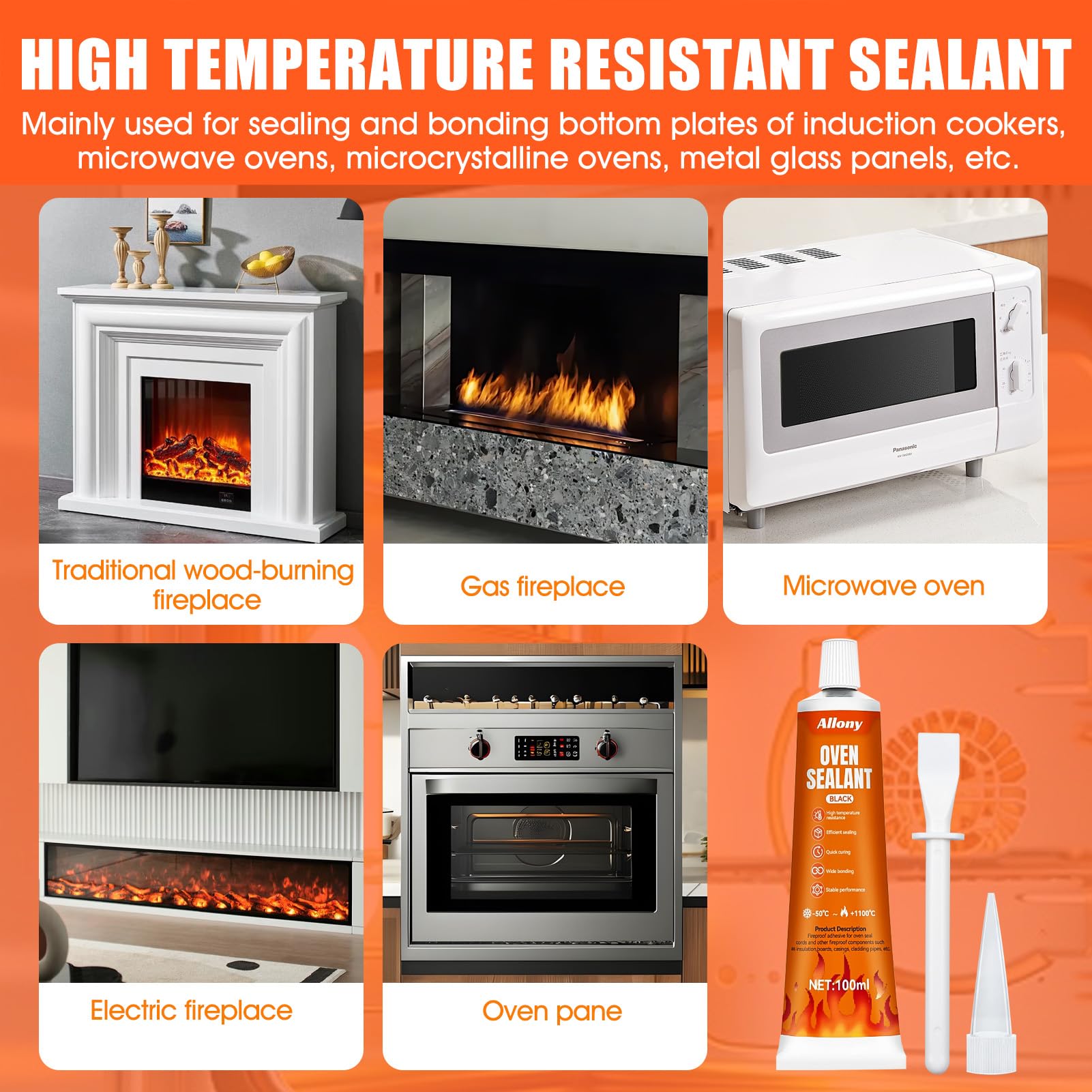 ALLONY Silicone Alta Temperatura, Colla Alte Temperature, Nero Adesivo Resistente al Calore, Calore Fino 1100 Gradi, Adatto per Sigillatura ad Alta Temperatura Vari Tipi di Guarnizione Forn - 5