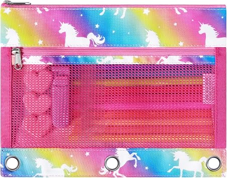 WAWSAM Unicorn Pencil Pouch for 3 Ring Binder, Binder Pencil Pouches for Girls with Zipper, Pencil Case with Clear Window, Cosmetic Bags for Office School College Supplies