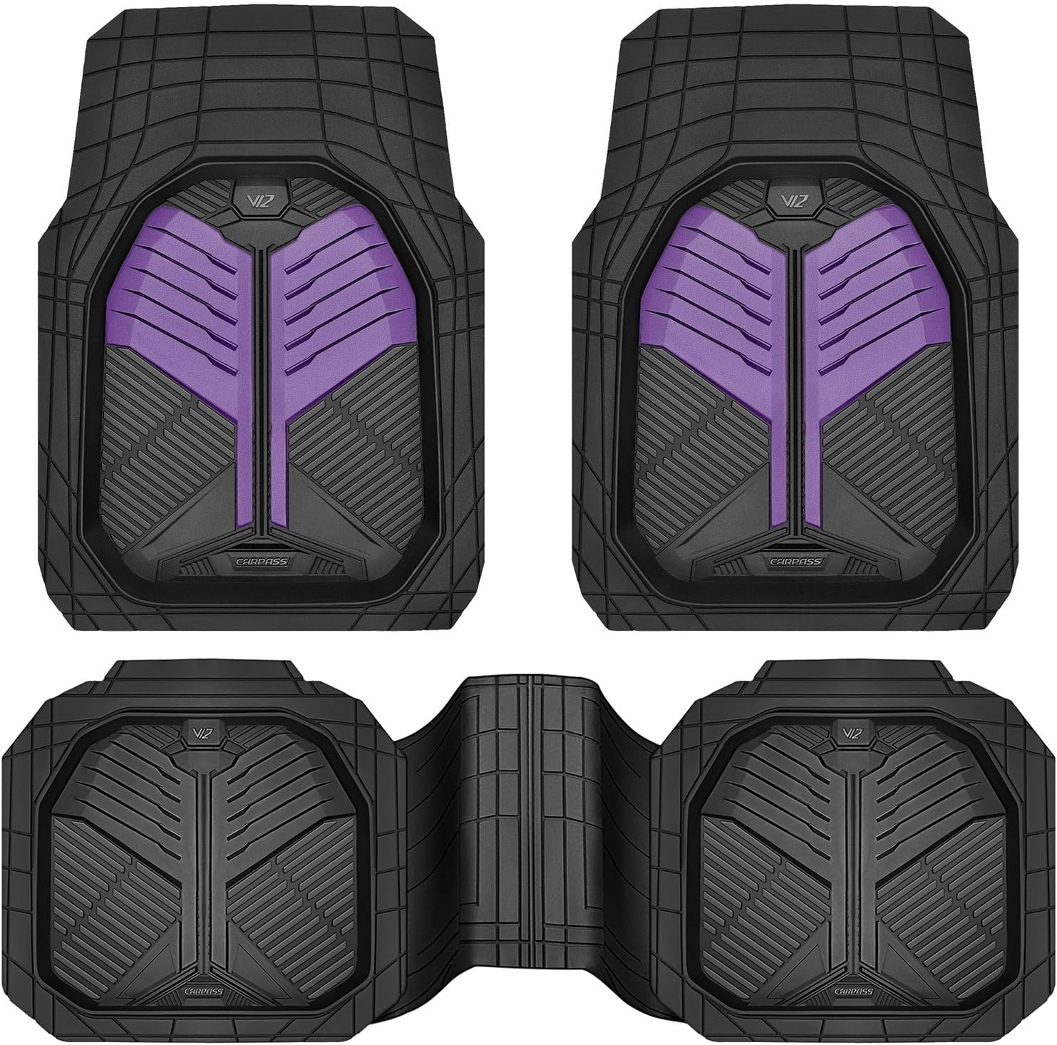 CAR PASS Heavy Duty Rubber Car Mats, Deep-Dish Car Floor Mats All Weather, Universal Two-Tone Trim-to-Fit for SUVs Trucks Sedans, Waterproof Anti-Slip, 3 Pieces V12 Black and Metallic Purple