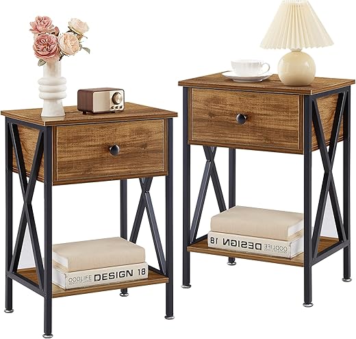 VECELO Nightstands Set of 2, Modern Bedside End Tables, Night Stands with Drawer and Storage Shelf for Living Room Bedroom, Industrial Metal Frame, Brown
