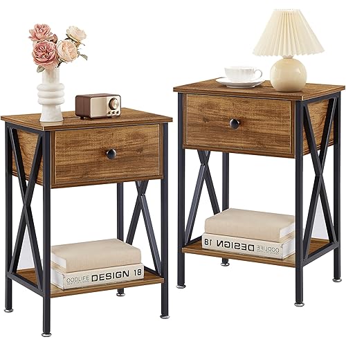 VECELO Nightstands Set of 2, Modern Bedside End Tables, Night Stands with Drawer and Storage Shelf for Living Room Bedroom, Industrial Metal Frame