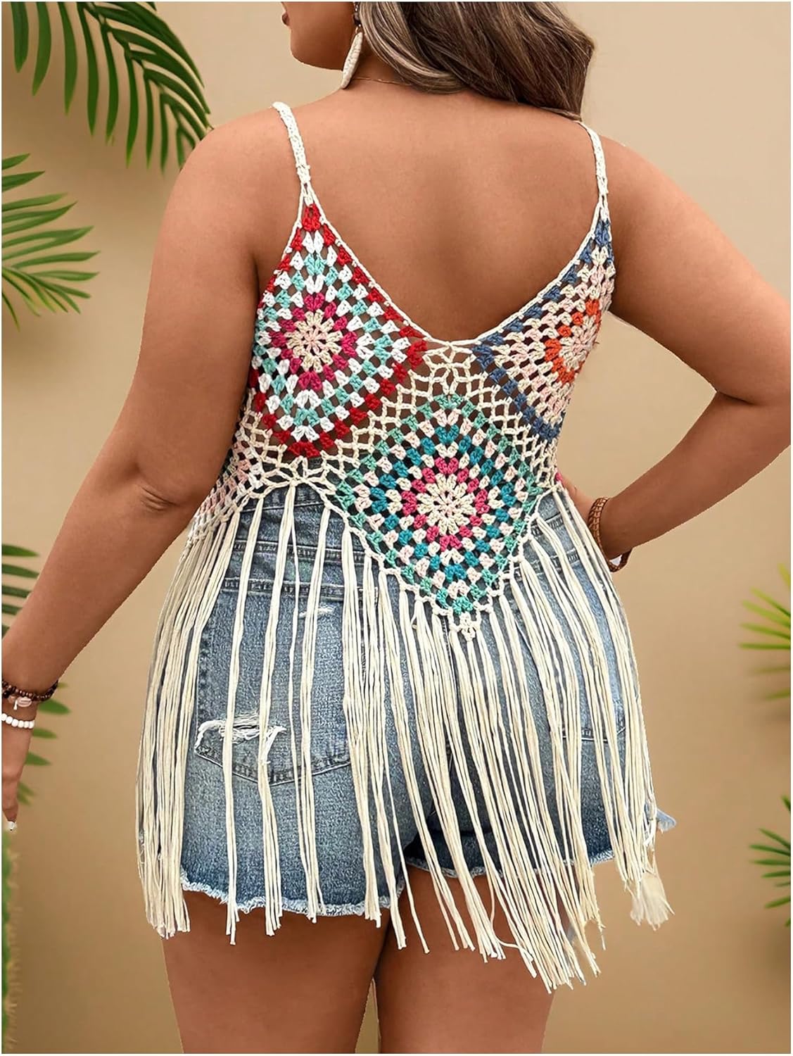 WDIRARA レディース プラスサイズ 花柄 かぎ針編み キャミトップ ボーホー ホロー アウト フリンジ ノースリーブ カバーア