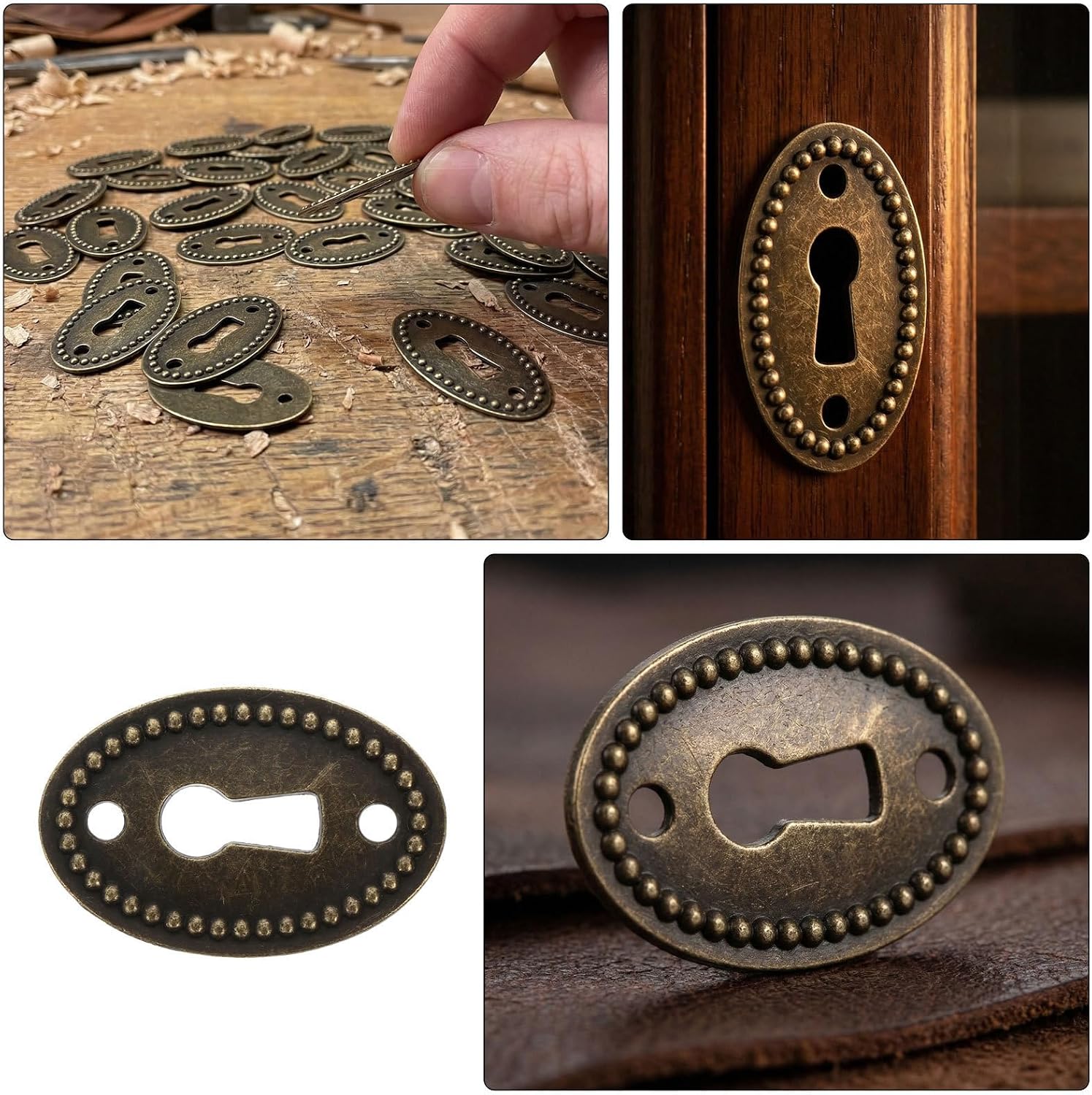 Housoutil 50pcs Oval Zinc Alloy Keyhole Cover Plate 38x25mm for Dresser Drawers and Desk, Easy Installation Vintage Decorative Furniture Repair Hardware