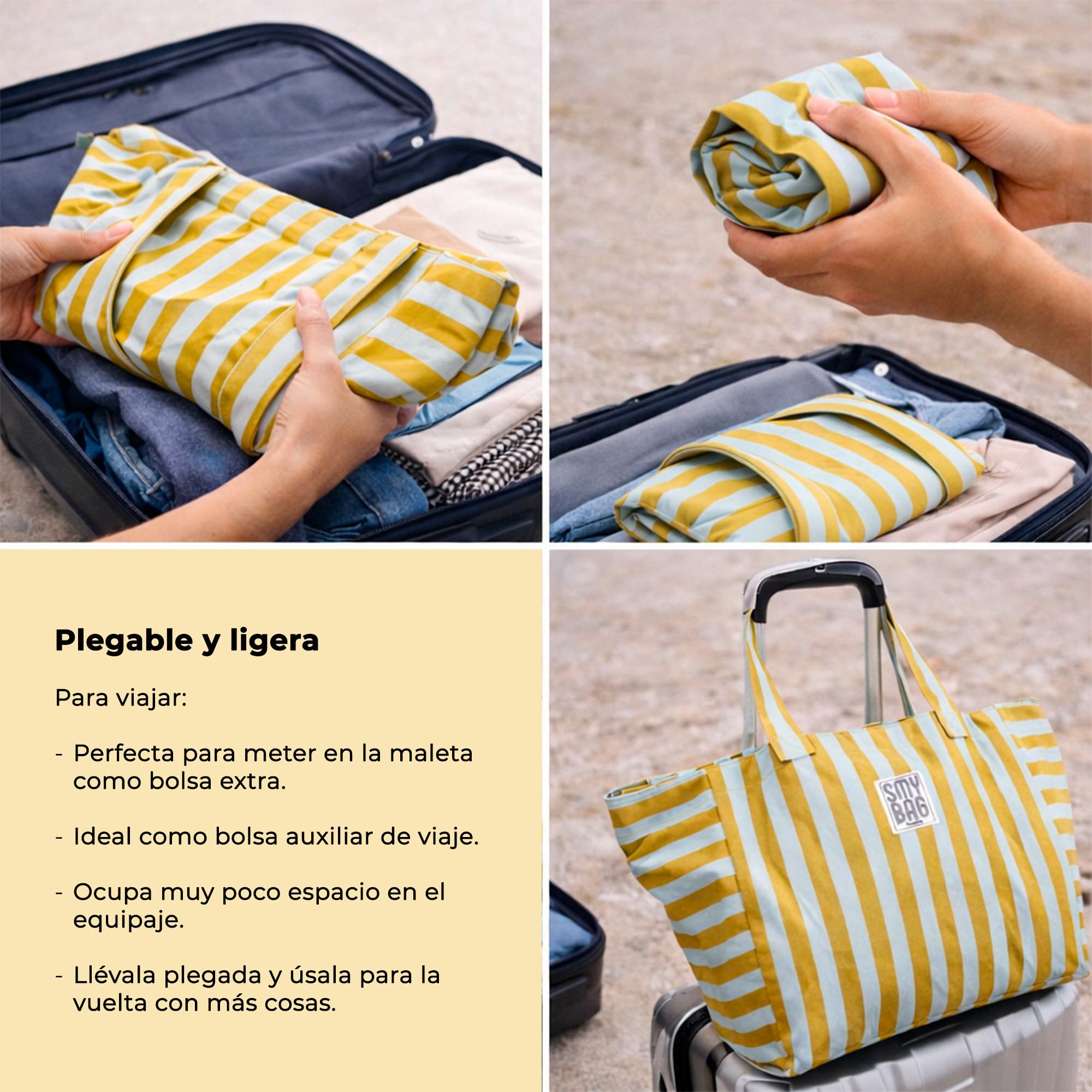 Bolsa de Playa Mujer Menorca Grande - Bolso Playa a Rayas con Cremallera - Shopper Verano Amplio y Resistente - 64x35x23,5 cm