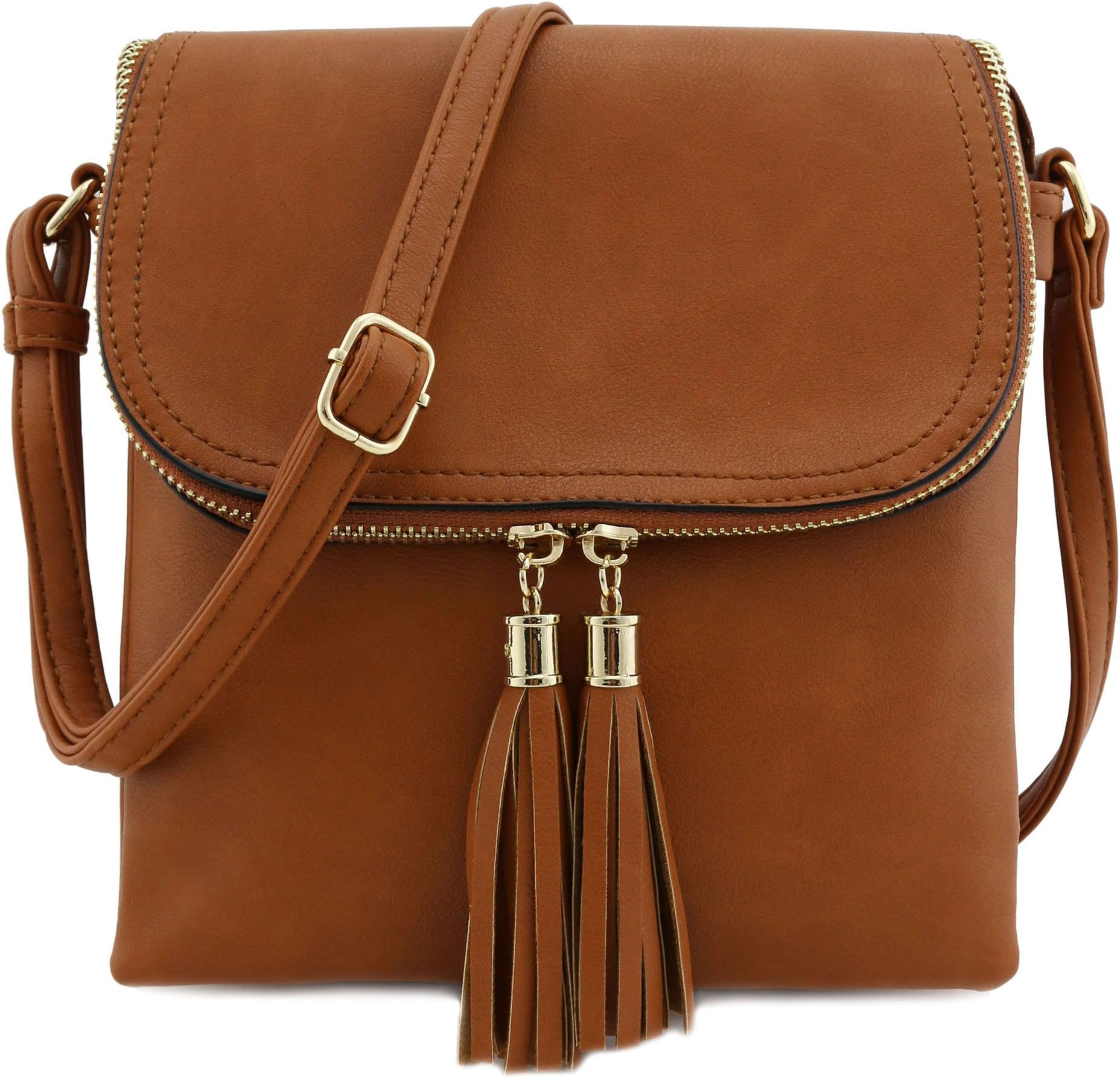 Flap Top Double Compartment Crossbody Bag with Tassel, Tan, Size One Size