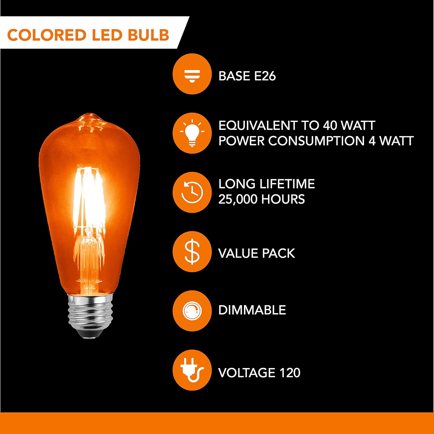 SLEEKLIGHTING LED 4Watt Filament ST64 Orange Colored Light Bulbs – UL Listed, E26 Base Lightbulb – Energy Saving - Lasts for 25000 Hours - Heavy Duty Glass - 4 Pack