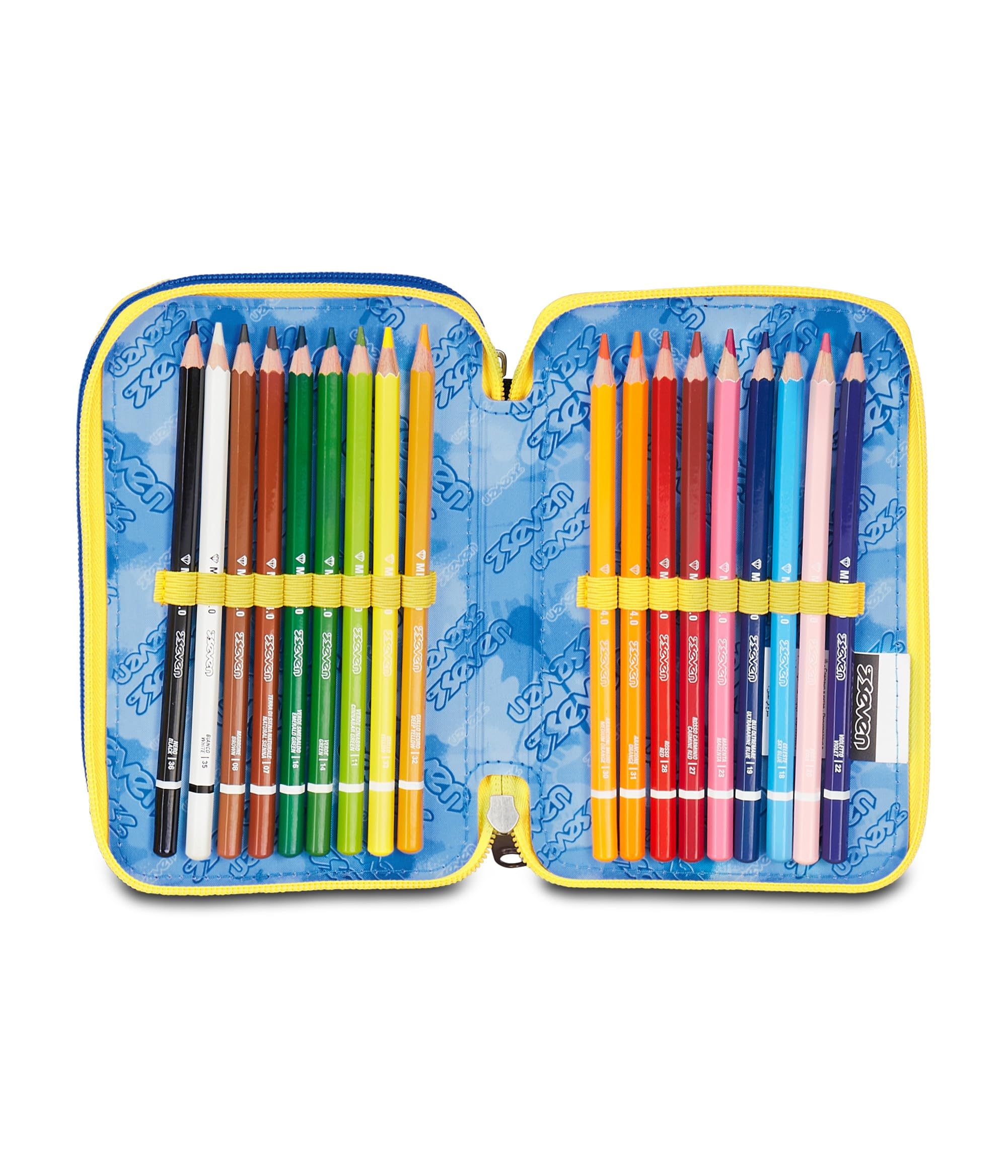 Seven Astuccio Scuola 3 Zip, Blu Giallo, Portapenne Triplo Scomparto Completo Di Penne, Matite, Colori, Accessori Zaino, Scuola Elementare, Bambino