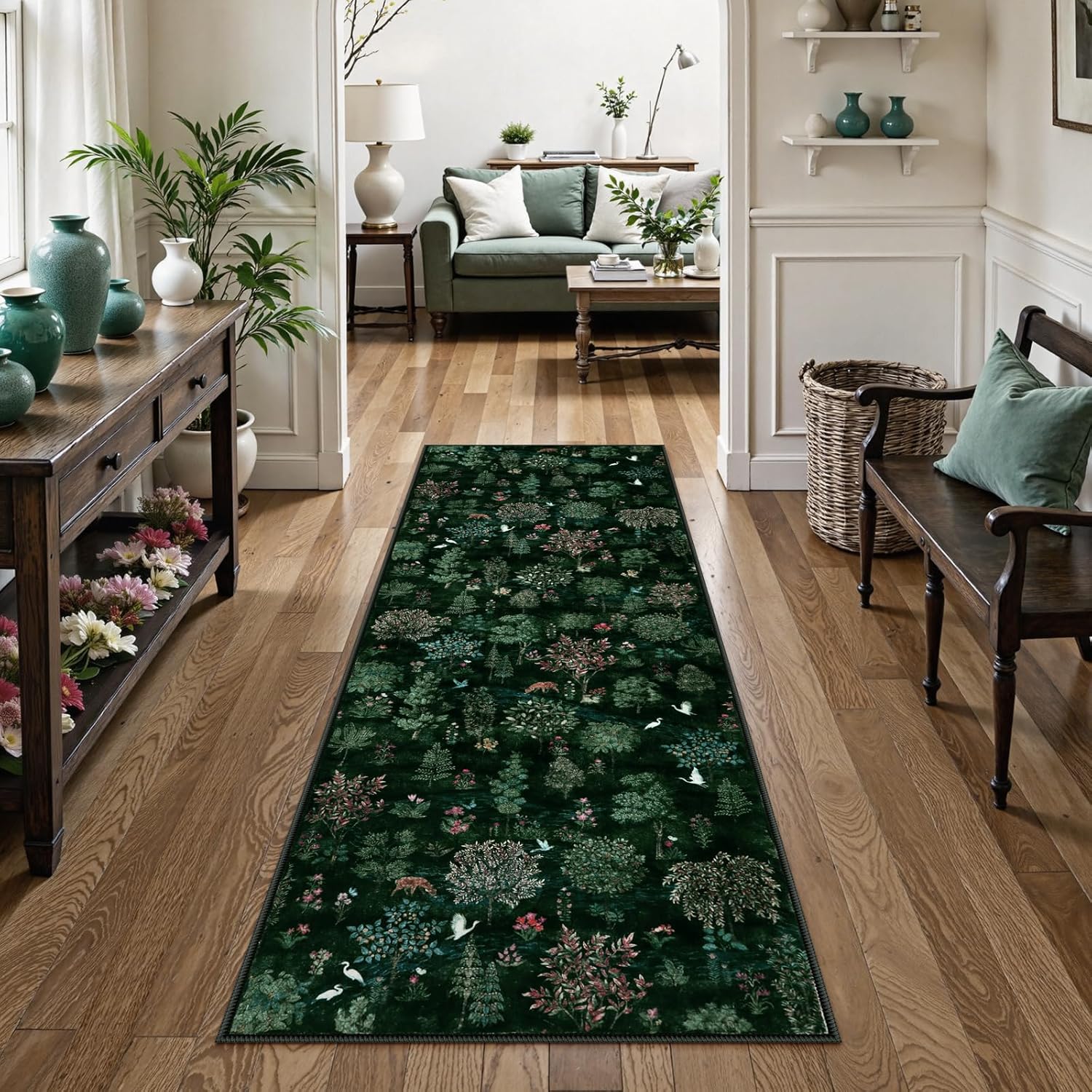 Wonnitar Washable Hallway Runner Rug, 2'6"x8' Dark Green Kitchen Runner Rugs, 8ft Non Slip Stain Resistant Forest Woodland Print Decor Carpet for Entryway Bedroom Laundry Bathroom