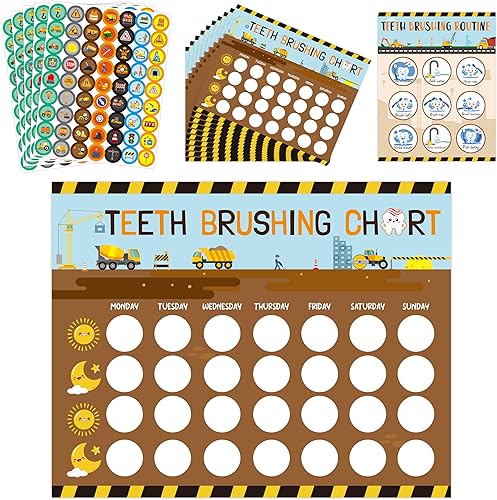 Zainpe Tabla de recompensas de cepillado de dientes de construcción, 16 unidades, para niños, vehículos de ingeniería, cepillo de dientes con