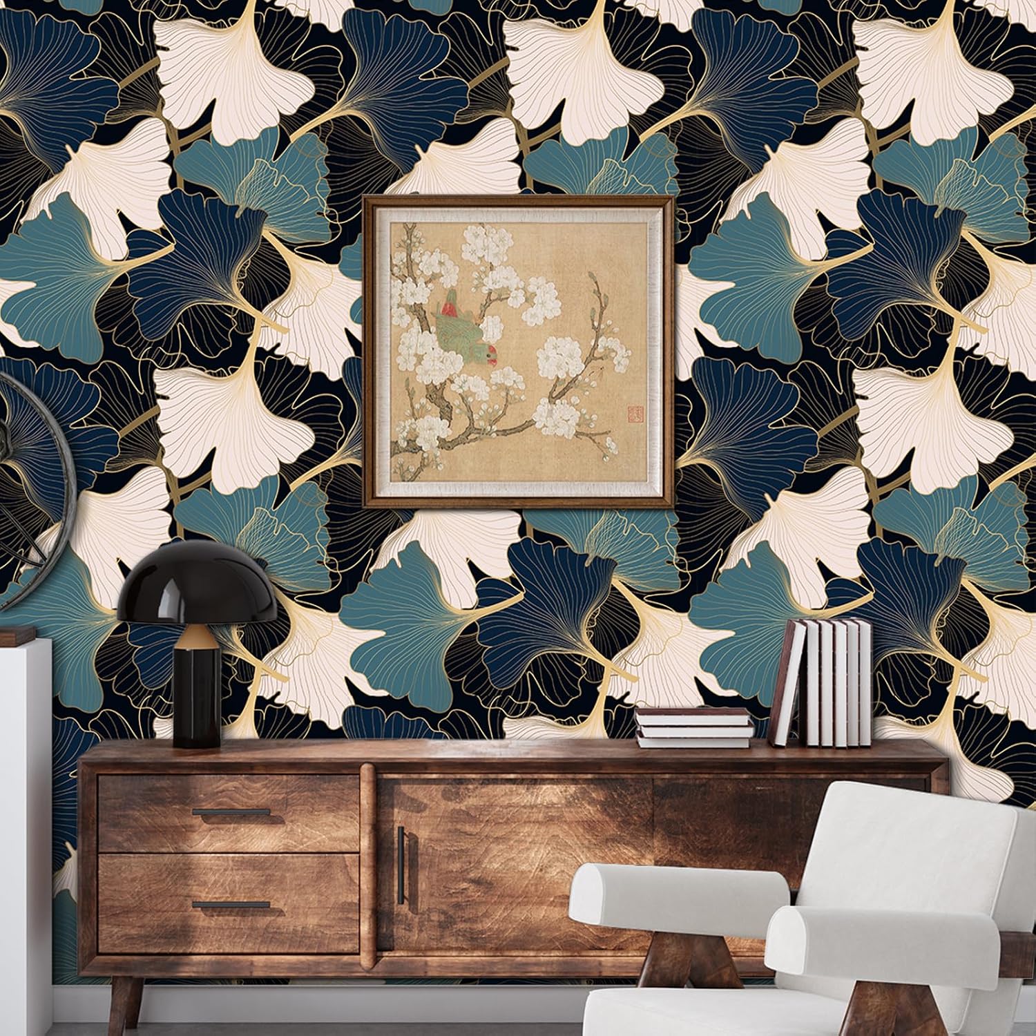 Blue/Pink Ginkgo Leaf Line Art Wallpaper Self Adhesive Peel and Stick Gold Vein Modern Botanical Wall Paper Removable Waterproof for Bedroom Renter Friendly Shelf Cabinet Décor 17.71"x118.1"