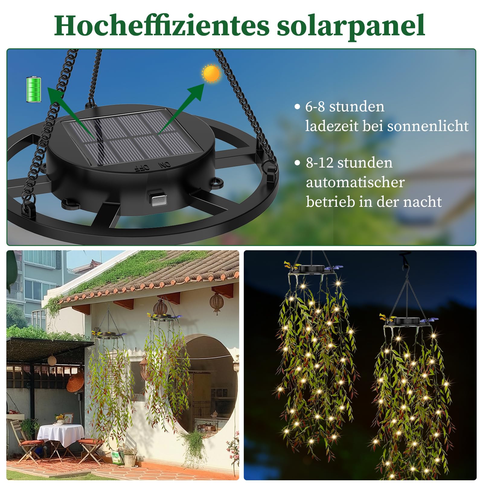 Solarlampen für Außen, 2 Stück Hängepflanze Künstlich mit Lichterketten, IP65 Wasserdicht Solarlaterne für Außen, Geschenke für Frauen, Ideal für Weihnachten Partys Hochzeiten Gartendeko