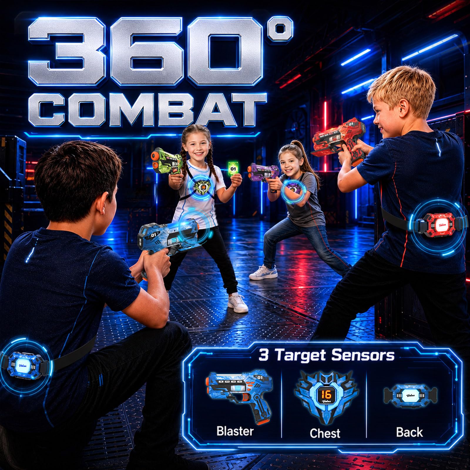 VATOS Set Laser Tag con Sensori 360°, Stazione di Ricarica e Carte Energia, 4 Pistole Laser Ricaricabili con Schermo LCD e Sincro 2,4 GHz, Gioco Laser per Interni/Esterni per Bambini e Famiglia