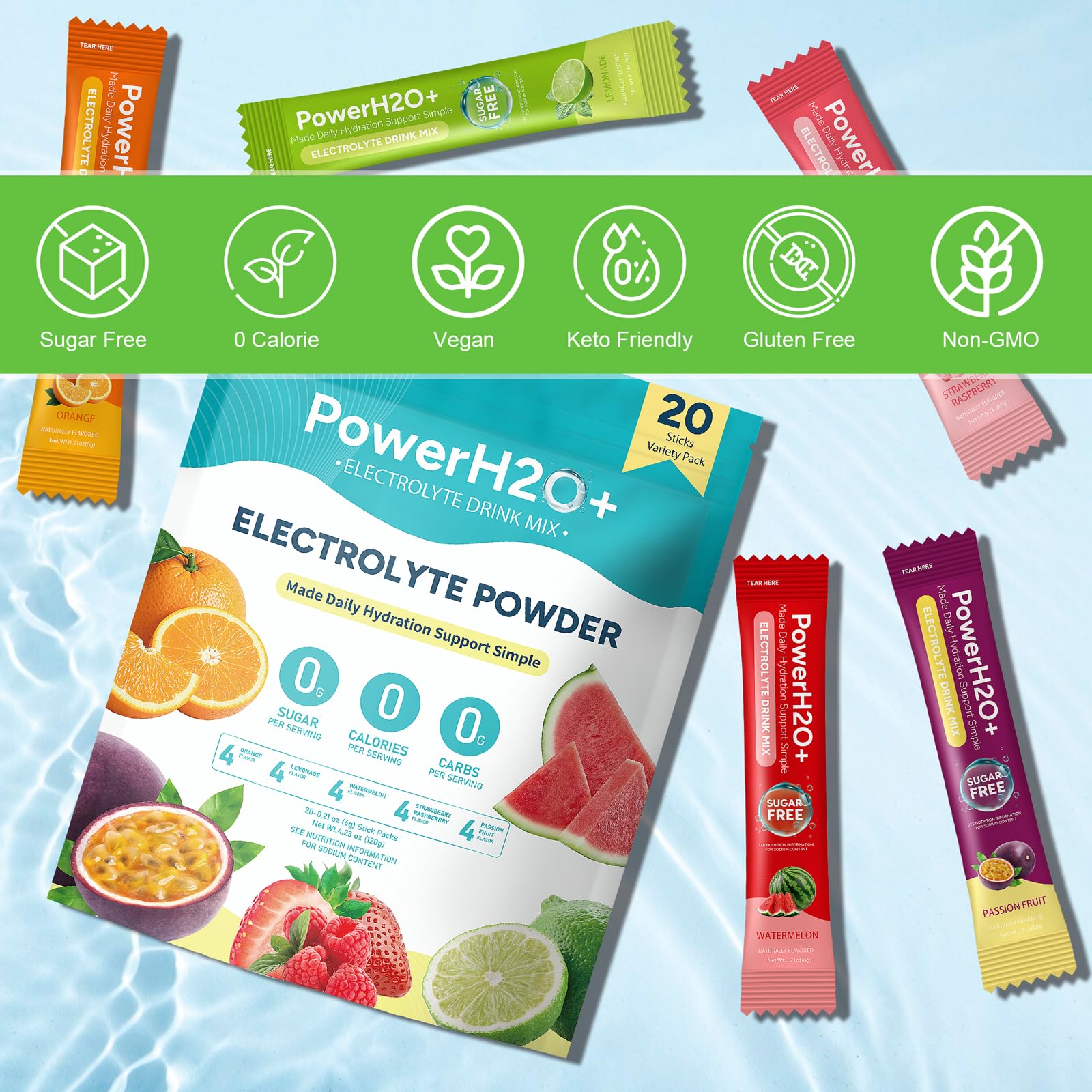 PowerH2O+ 20 Sticks Sugar Free Electrolytes Powder Packets-5 Flavors Liquid Daily IV Hydration Packets,Electrolyte Drink Mix Travel Electrolyte Packet for Rapid Hydration,0 Calorie,0 Sugar — view 4