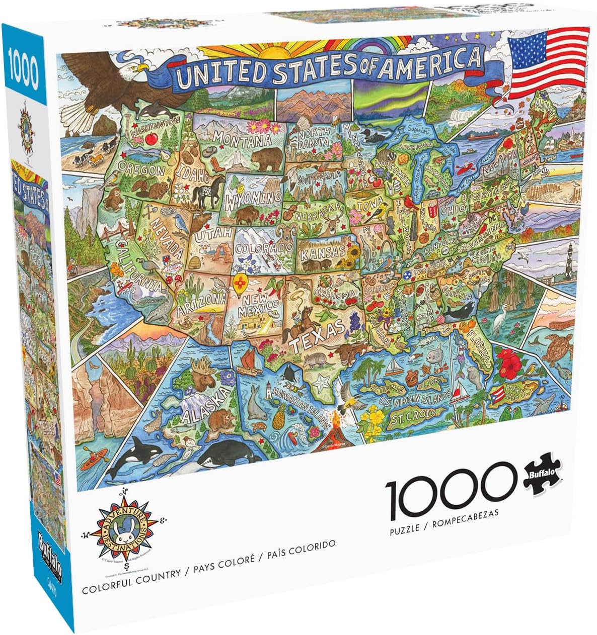 Buffalo Games Carrie Wagner Colorful Country 1000 Piece Jigsaw Puzzle - 26.75 x 19.75 in, Ages 14 & Up - Family Night Adult Puzzle - USA Map Art - Recycled Board