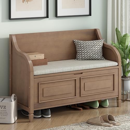 Storage Bench Wooden Entryway Benches with Shoe Cabinets Under Seat and Safety Hinge Multifunctional Storage Bench for Entryway, Foyer (Brown + Beige)