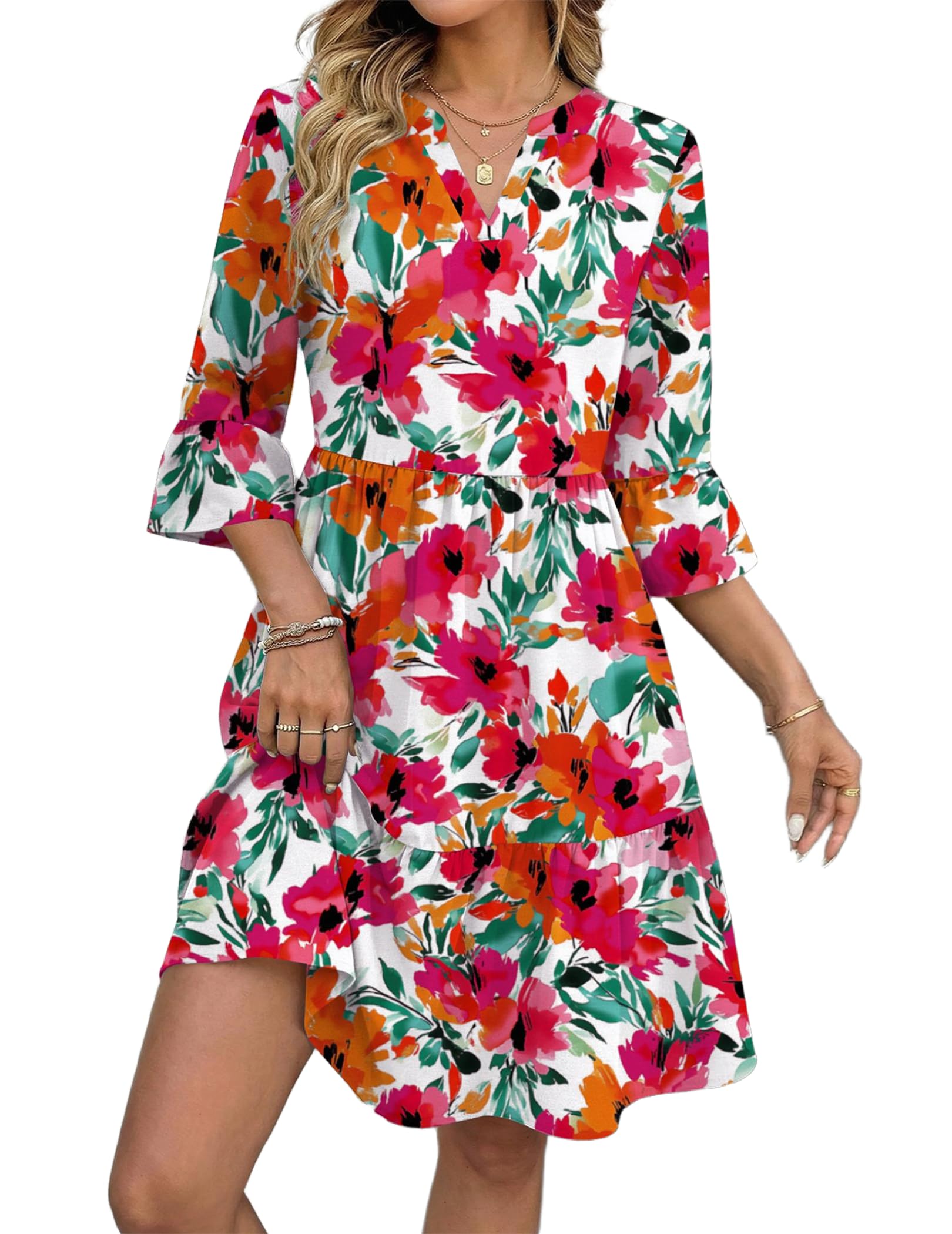 Zeagoo Sommerkleid Damen 3/4 Ärmel Elegante V-Ausschnitt Kleider Swing Knielanges A-Linie Freizeit Strandkleid mit Tasche Floral E S