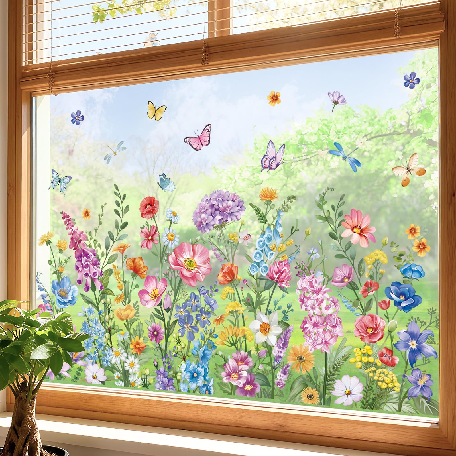 wondever Adesivi Finestra Giardino Fiori Vetrofanie Adesivi Anticollisione per Floreali Erba Selvatici Farfalle Primavera Estate Adesivi Elettrostatici per Vetro Porte Finestre