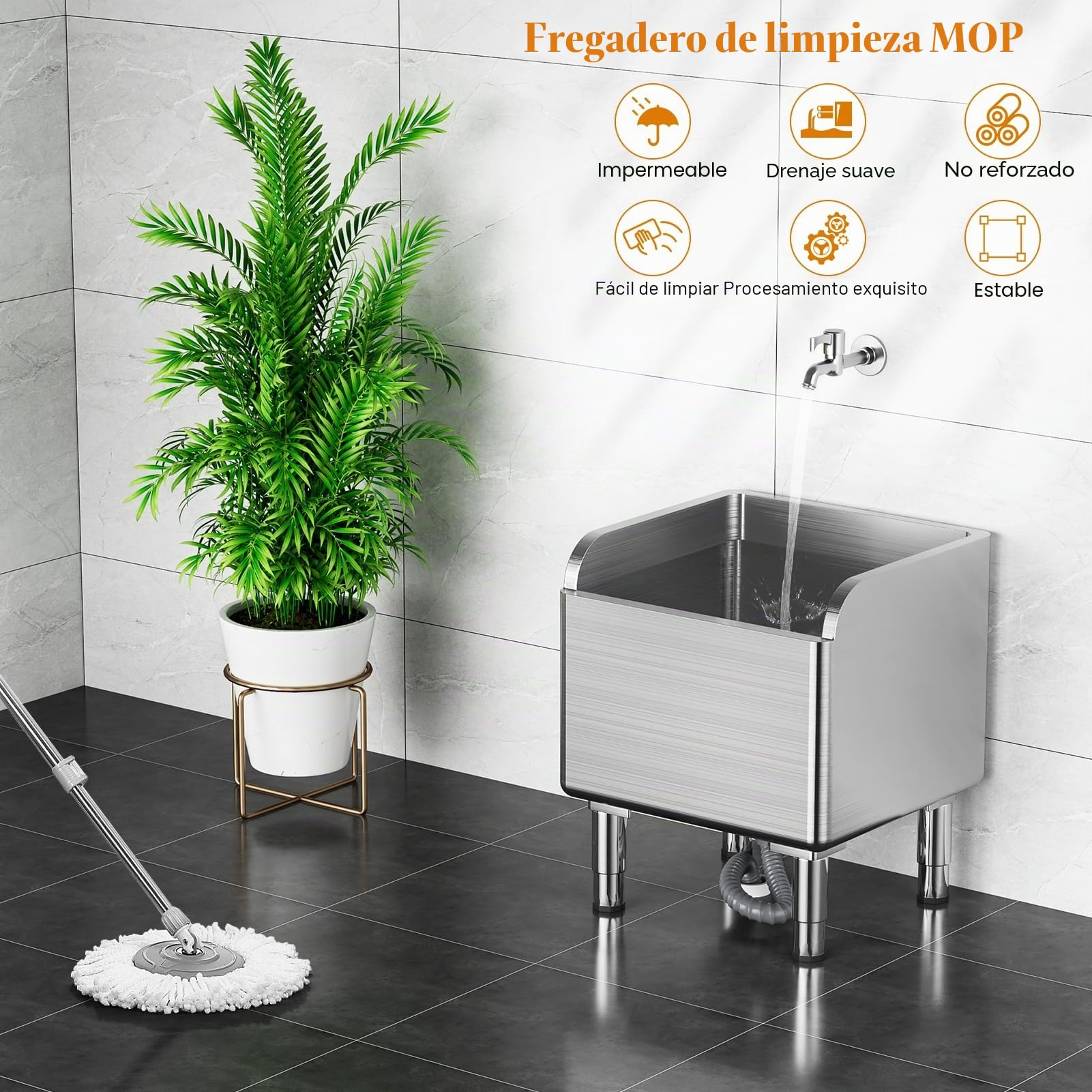 Fregadero de fregona de acero inoxidable con pies ajustables, barrera alta, soldadura sin costuras, fregadero comercial de gran capacidad para lavanderías, vestíbulos, restaurantes, plateado