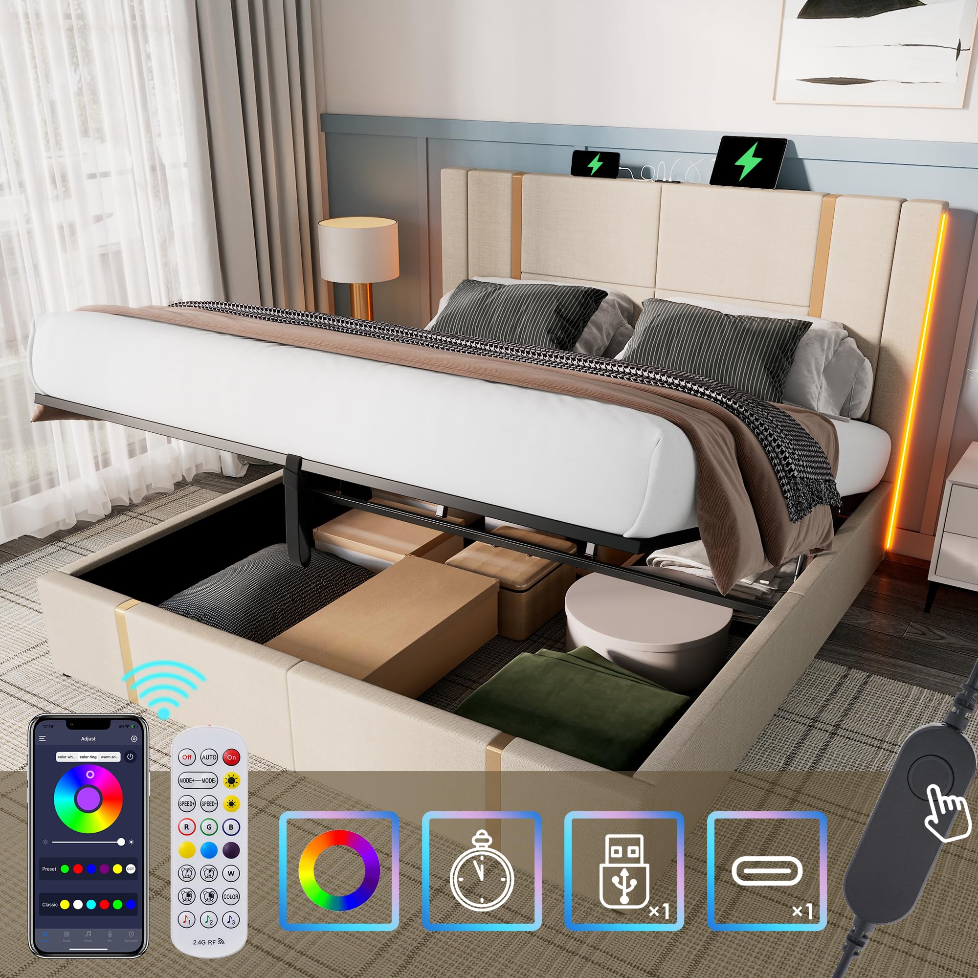 Moimhear Letto imbottito, letto matrimoniale, funzione di ricarica USB di tipo C, controllo APP, rete a doghe in legno, letto per ragazzi, letto per adulti, materiale di lino beige (materasso non