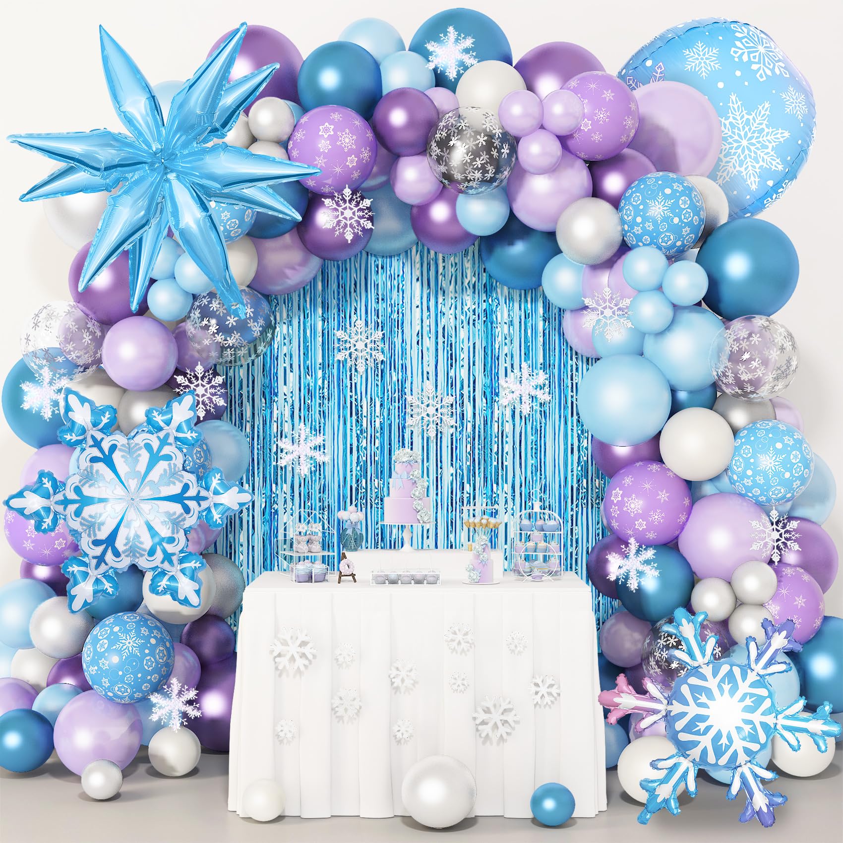 Amandir 162PCS Snow Birthday Party Supplies, Snow Balloon Garland Arch Kit Fringe Curtain Blue Purple Snowflake Confetti Balloons Princess Winter Wonderland Girl Baby Party Decorations