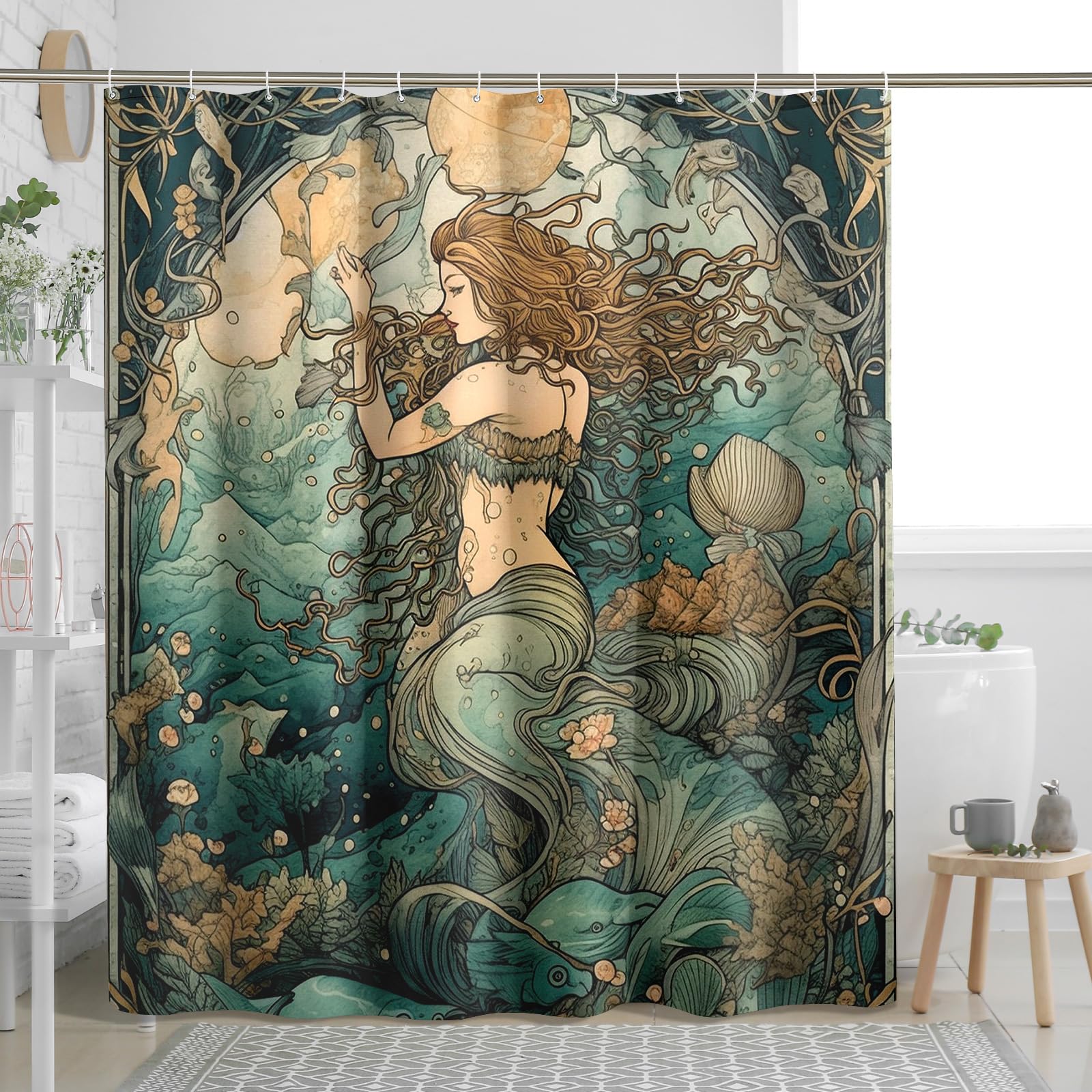 Mermaid Shower Curtain Vintage Plants Gold Hair Art Aesthetic Gorgeous Blue Polyester Waterproof Women Waterproof Bathroom Home Decor with Hooks 62x72inch