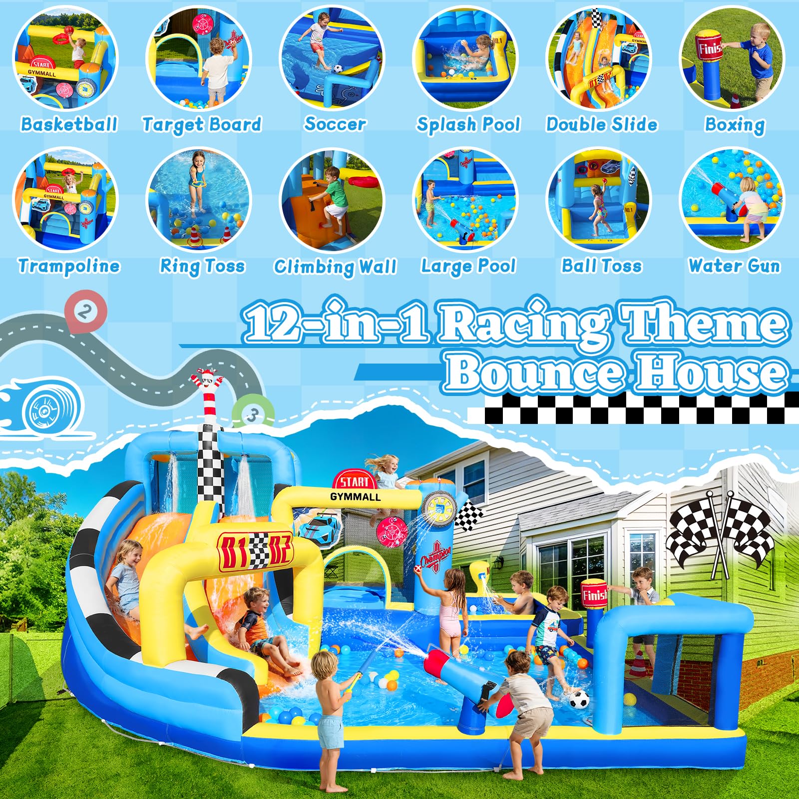 Château Gonflable de Course pour Enfants, Grand Château Gonflable 12 en 1 avec Souffleur 750W, Double Toboggan Aquatique, Pataugeoire, Zone de Saut, adapté pour l'intérieur et l'extérieur