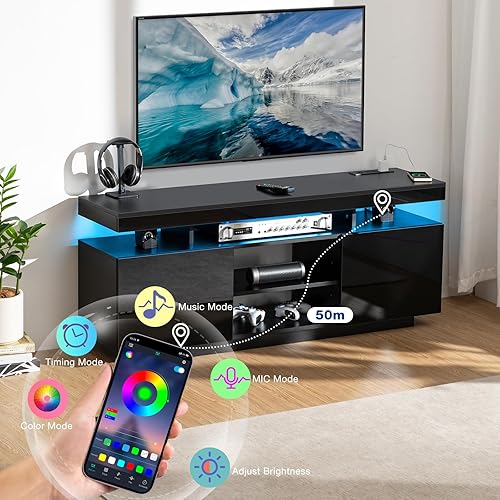 Miniatura 4 de HOMMPA Moderno soporte de TV LED para TV de 55/50/43/40/32 pulgadas con tomas de corriente, consolas de TV para juegos con centro de entretenimiento