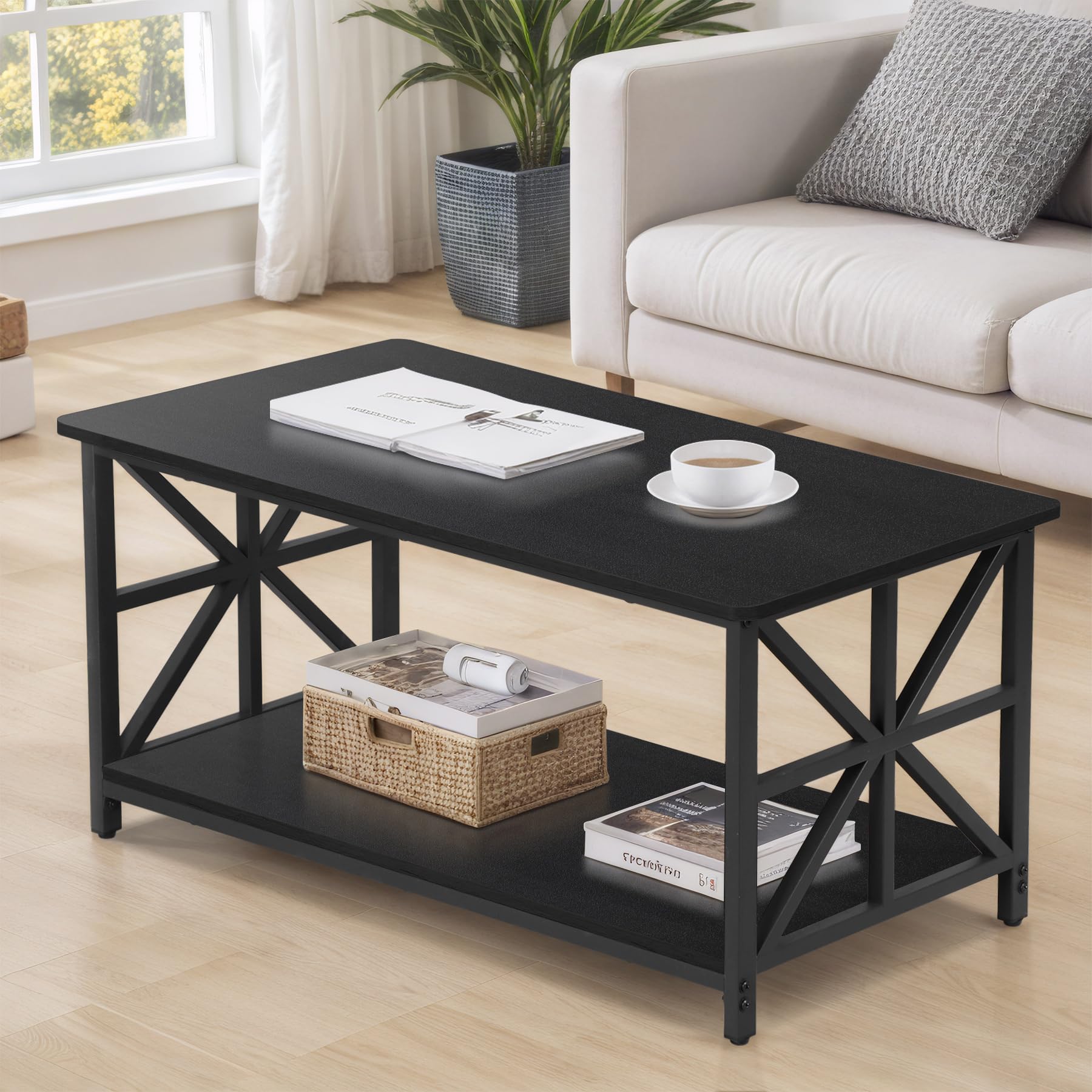 Epetlover 2-Tier Coffee Table for Living Room Industrial Modern Central Table with Wooden Tabletop Metal Frame Storage Shelf Accent Furniture for Home