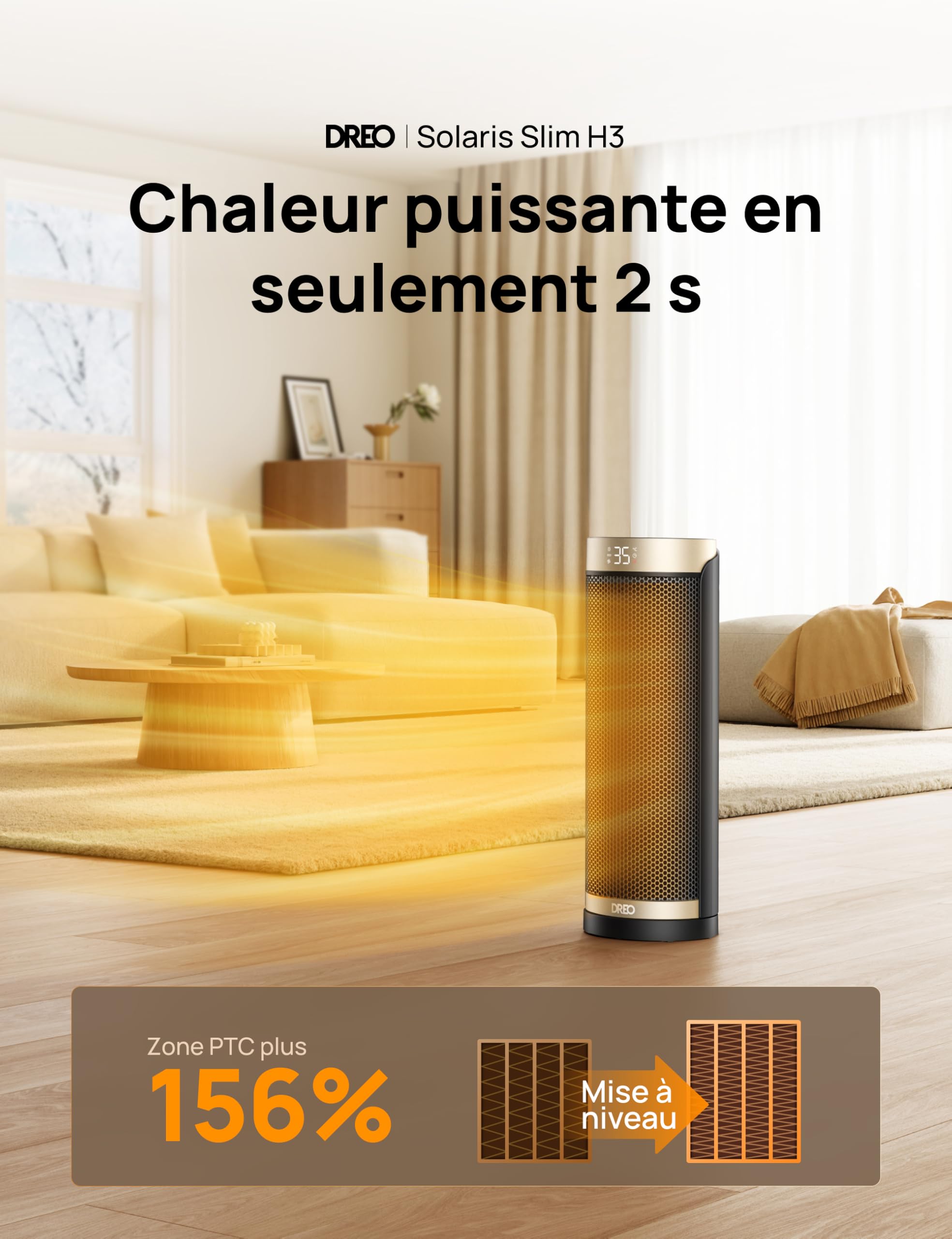 Dreo Chauffage d'appoint, électrique, céramique, PTC1800 W, Télécommande, Protection anti-basculement et anti surchauffe, Minuterie 1-12 h, 70° Oscillation, Solaris Slim H3