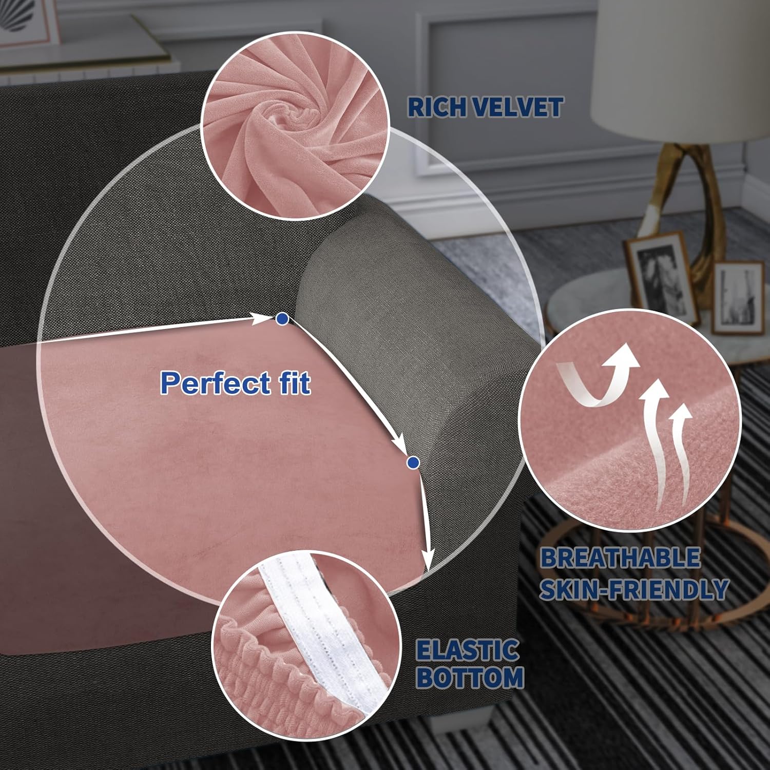 MAXIJIN Velvet Stretch Cushion Covers Couch Cushion Slipcovers Loveseat Sofa Cushion Covers for Individual Cushions with Elastic Bottom (2 Piece Loveseat Cushion Covers, Dusty Pink)