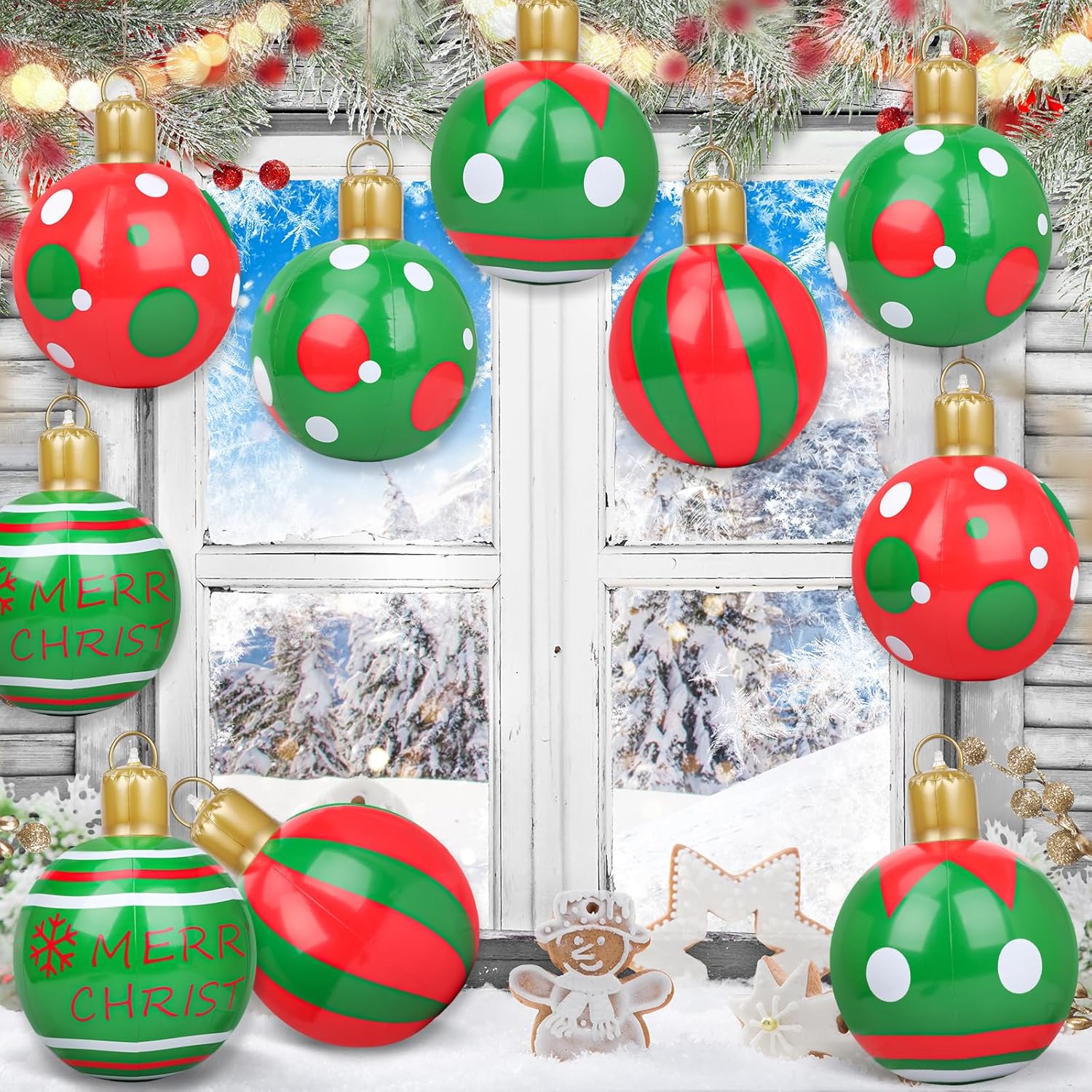 15 Pcs 16 Inch Giant Inflatable Christmas Balls Outdoor Decorations Large PVC Blow Up Xmas Inflatables Ornaments for Tree Front Doors Yards Lawns Garden Porch Poolside Holiday Decor