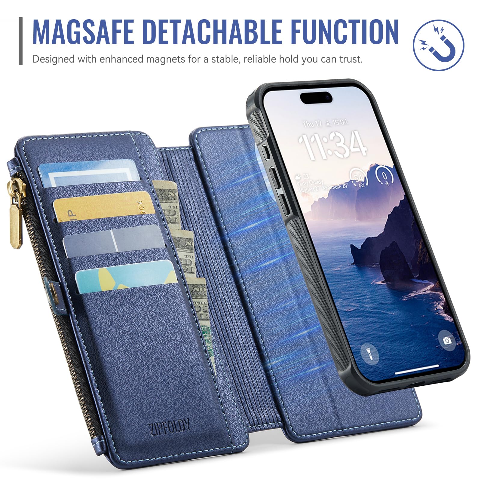 Funda magnética desmontable para iPhone 15, color azul marino | Compatible con Magsafe, tarjetero con bloqueo RFID, bolsillo con cremallera, pulsera, piel sintética duradera
