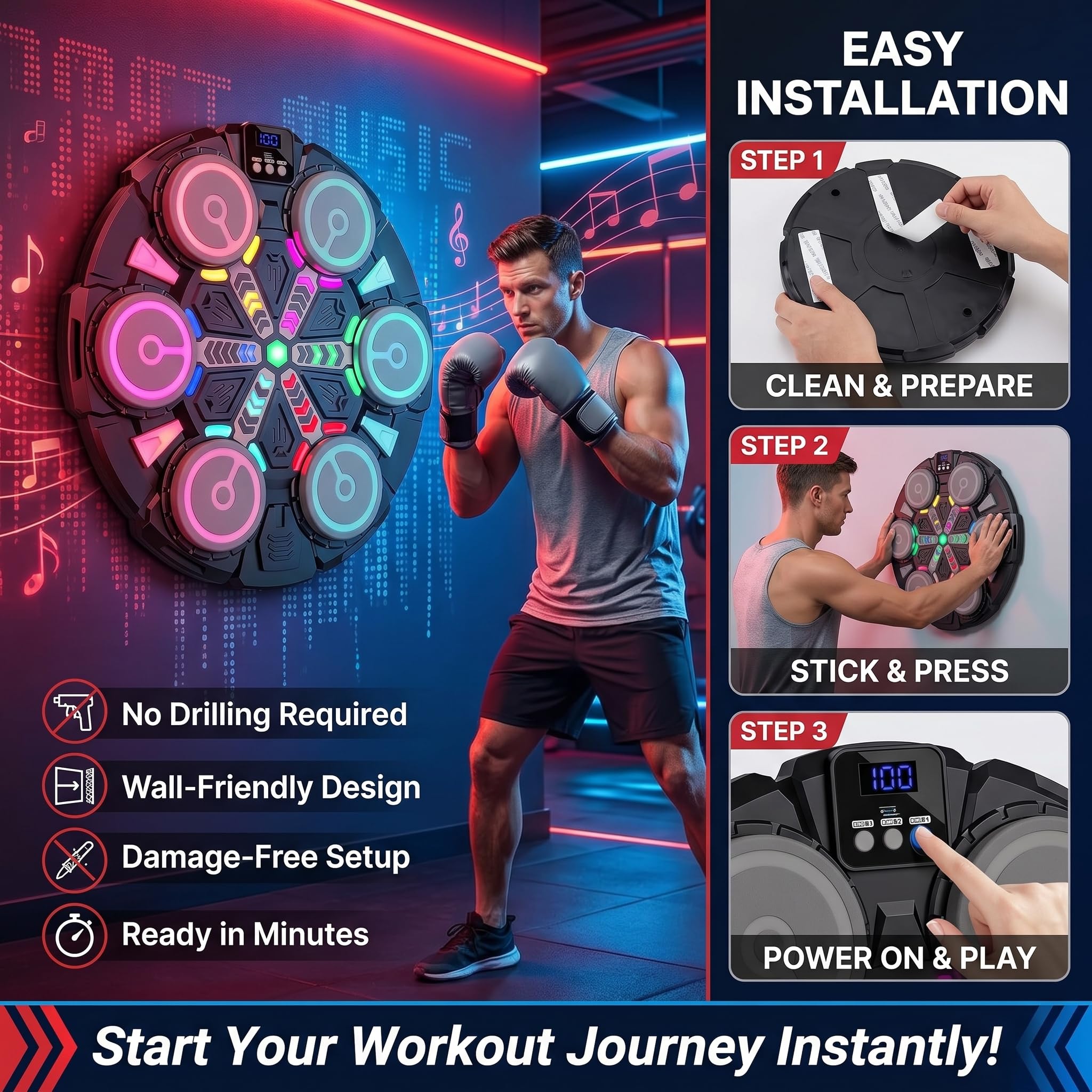 Music Boxing Machine, Boxen Kinder mit Boxhandschuhen, Farblichter, Bluetooth, Reaktionstraining Sport Geräte für Zuhause, Musik Box Maschine für Erwachsene und Kinder, Indoor und Fitnessstudios
