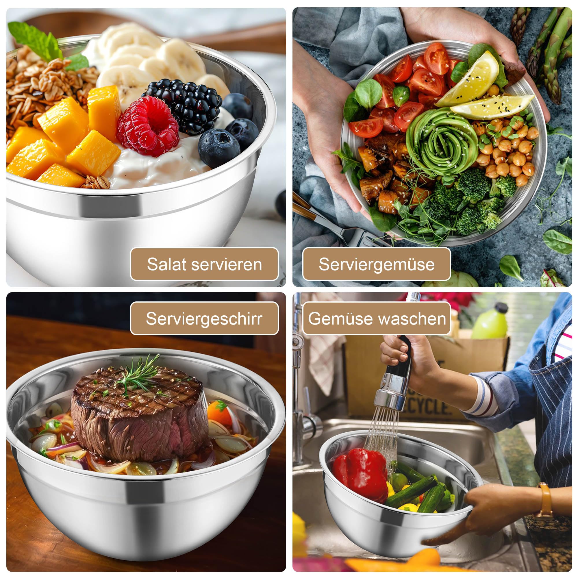 Herogo Rührschüssel 5er Set Khaki, Edelstahl Schüssel mit luftdichten Deckeln, Metall Salatschüssel mit 3 Reibenaufsätzen zum Zubereiten/Backen/Servieren/Aufbewahren/Mixen, Spülmaschinenfest