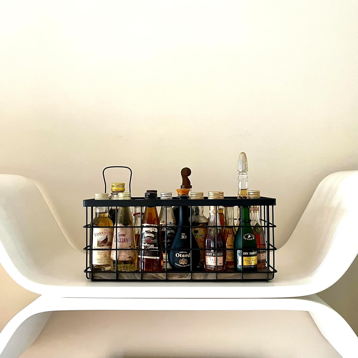 Small Bathroom Organizer Tray with wooden base, Home Decor Basket, Metal Wire Storage Basket, Organizer for Skincare, Japanese farmhouse basket, Black (1)